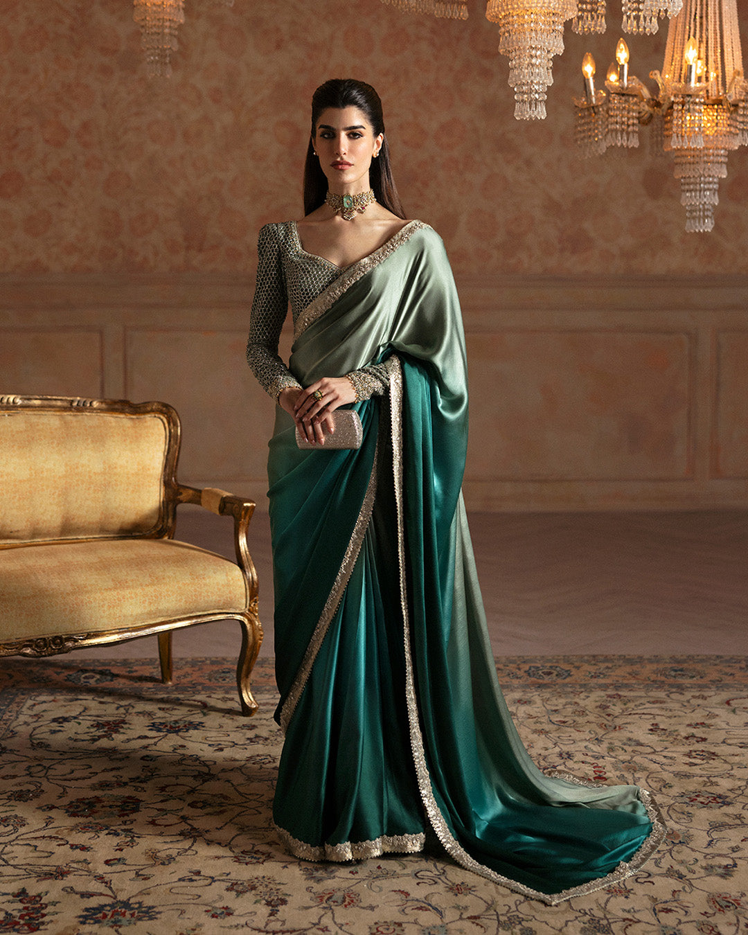 Model Wearing Faiza Saqlain Ailey Ombre Green Saree for wedding wear - Pakistani Designer Wear for Women in UK | Kifat