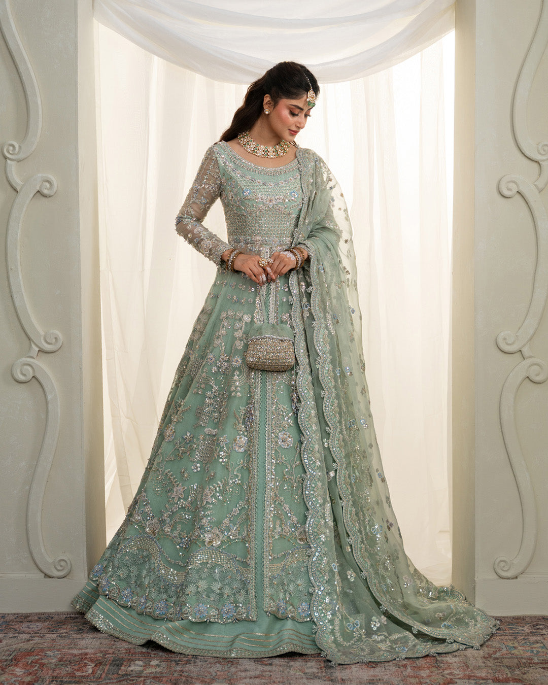 Model Wearing Faiza Saqlain Selin Mint Green Shirt with Lehnga for wedding wear - Pakistani Designer Wear for Women in UK | Kifat