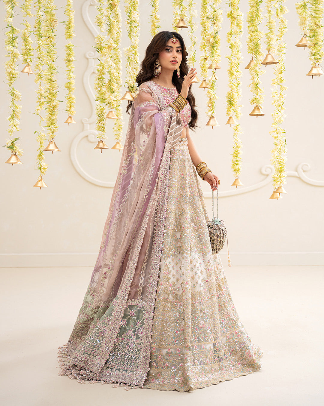 Model Wearing Faiza Saqlain Suzan Multicolor Blouse with Lehnga for wedding wear - Pakistani Designer Wear for Women in UK | Kifat