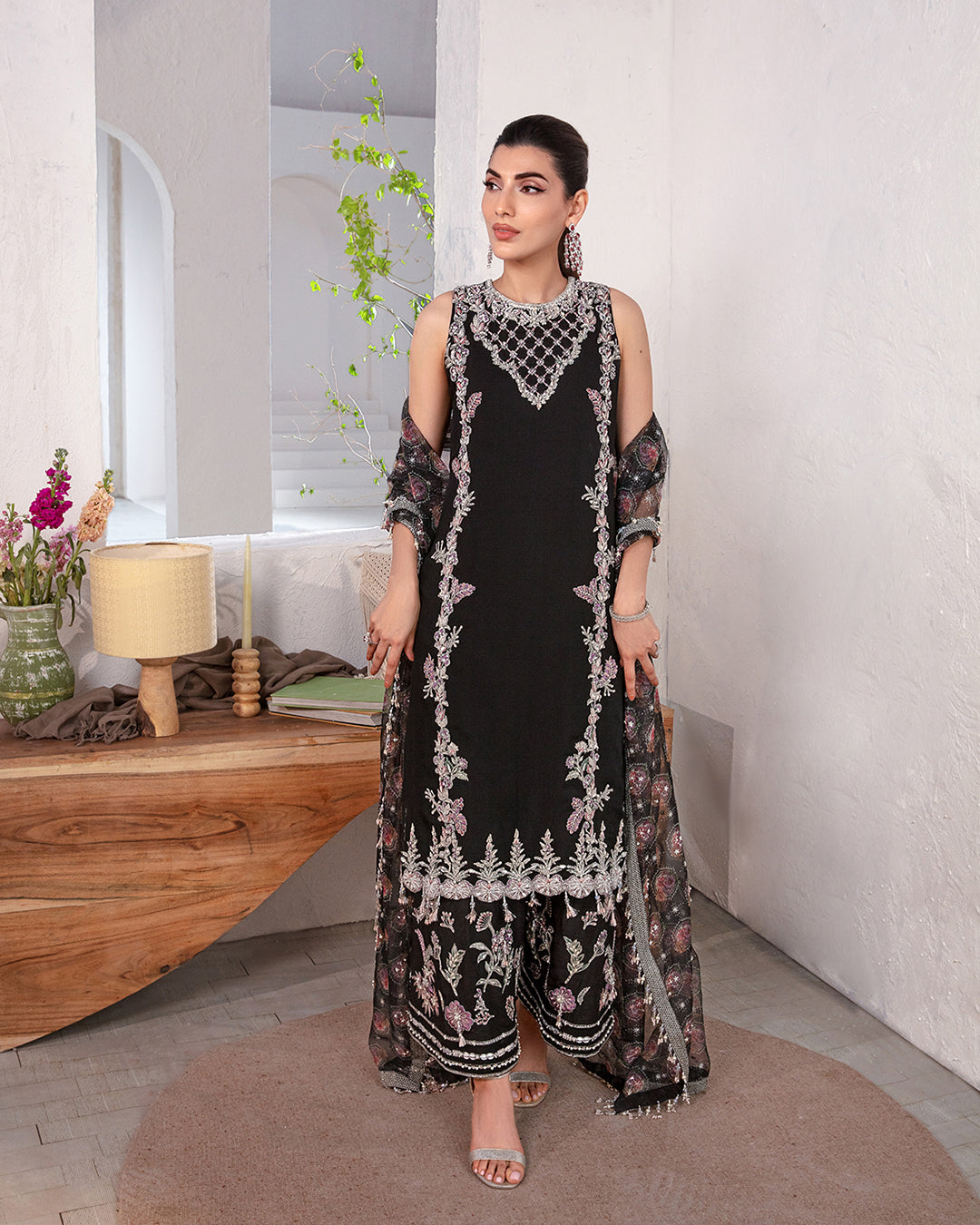 Model Wearing Faiza Saqlain Cherine Black Shirt with Culottes for formal events wear - Pakistani Designer Wear for Women in UK | Kifat