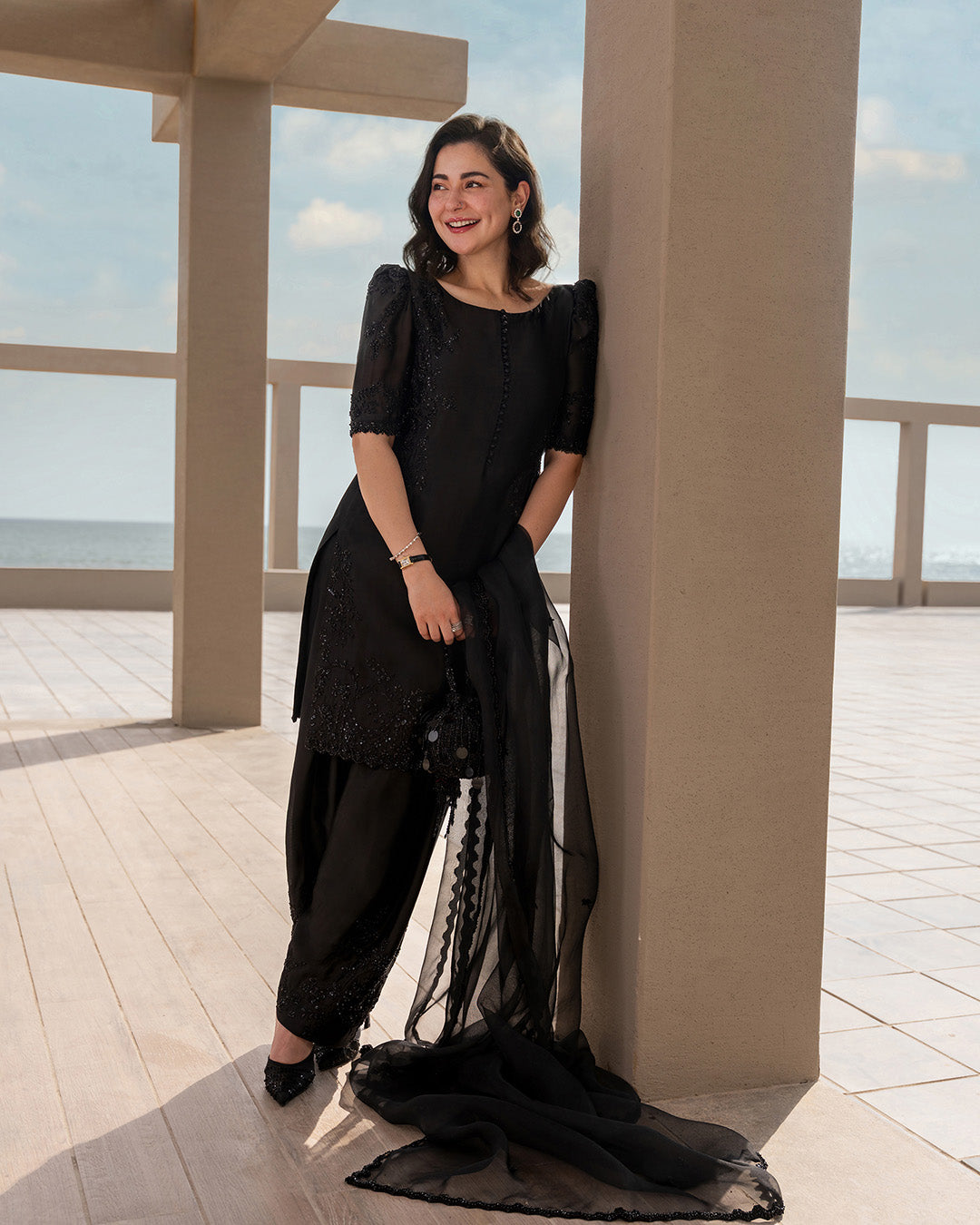 Model Wearing Faiza Saqlain Temirah Black Shirt with Shalwar for Ladies wear - Pakistani Designer Wear for Women in UK | Kifat