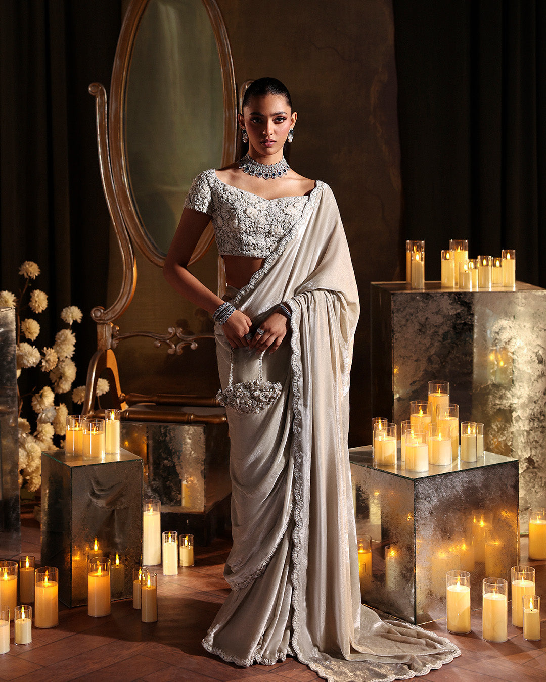 Model Wearing Faiza Saqlain Zahavah Soft Oyster Saree for wedding wear - Pakistani Designer Wear for Women in UK | Kifat