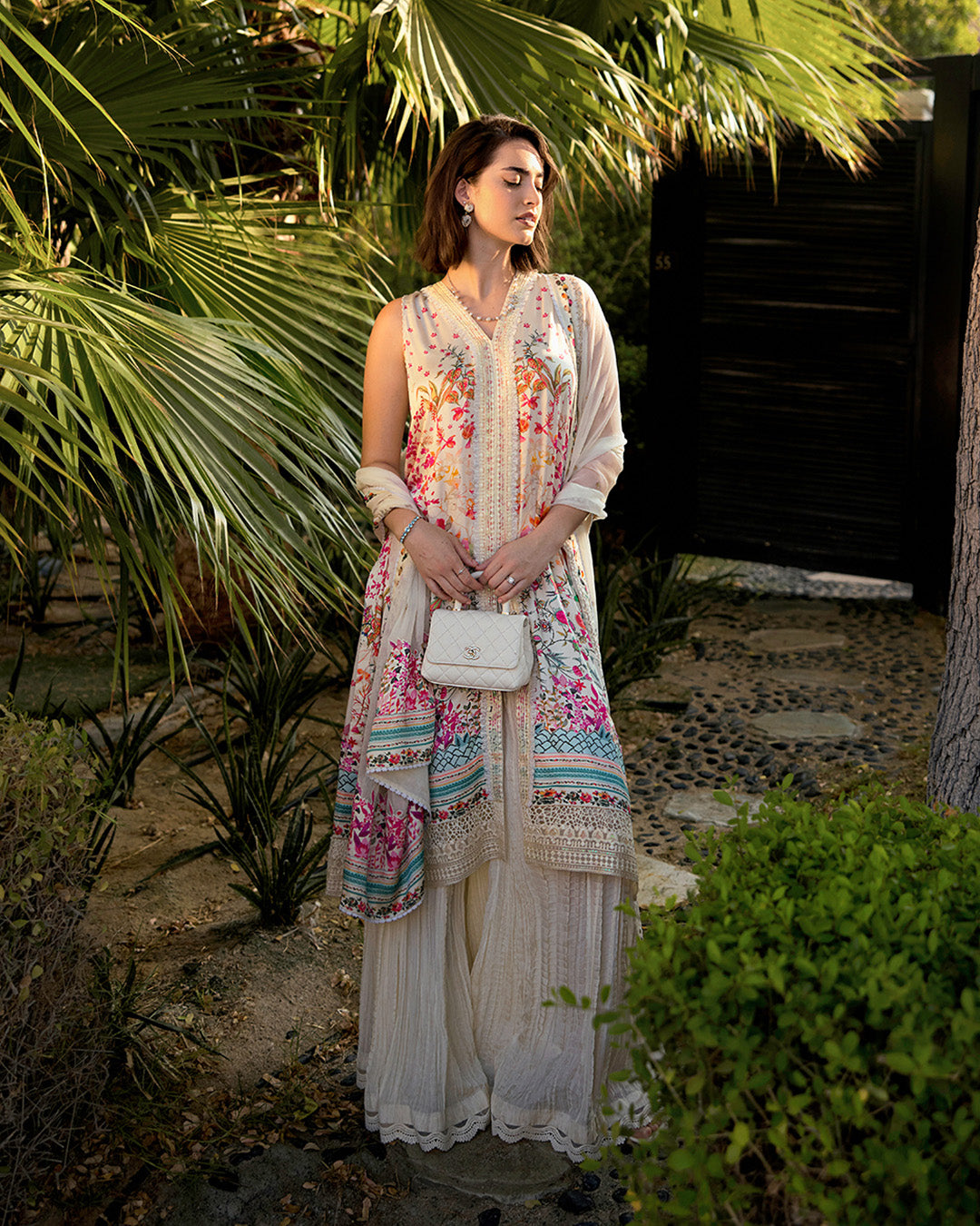 Model Wearing Faiza Saqlain Beldene Off-White Shirt with Sharara for Ladies wear - Pakistani Designer Wear for Women in UK | Kifat