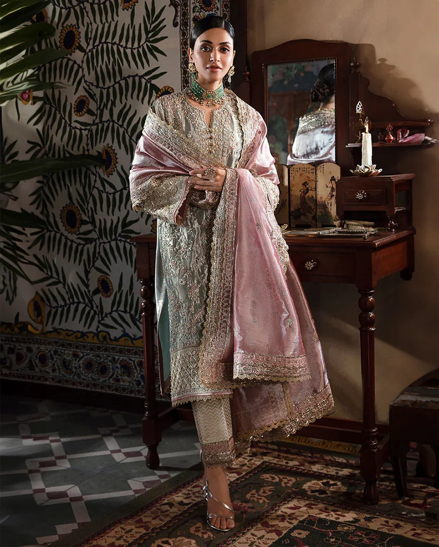 Women Wearing Amaya Aqua Silver Long Shirt for Formal Events - Pakistani Designer Wear for Women in UK | Kifat