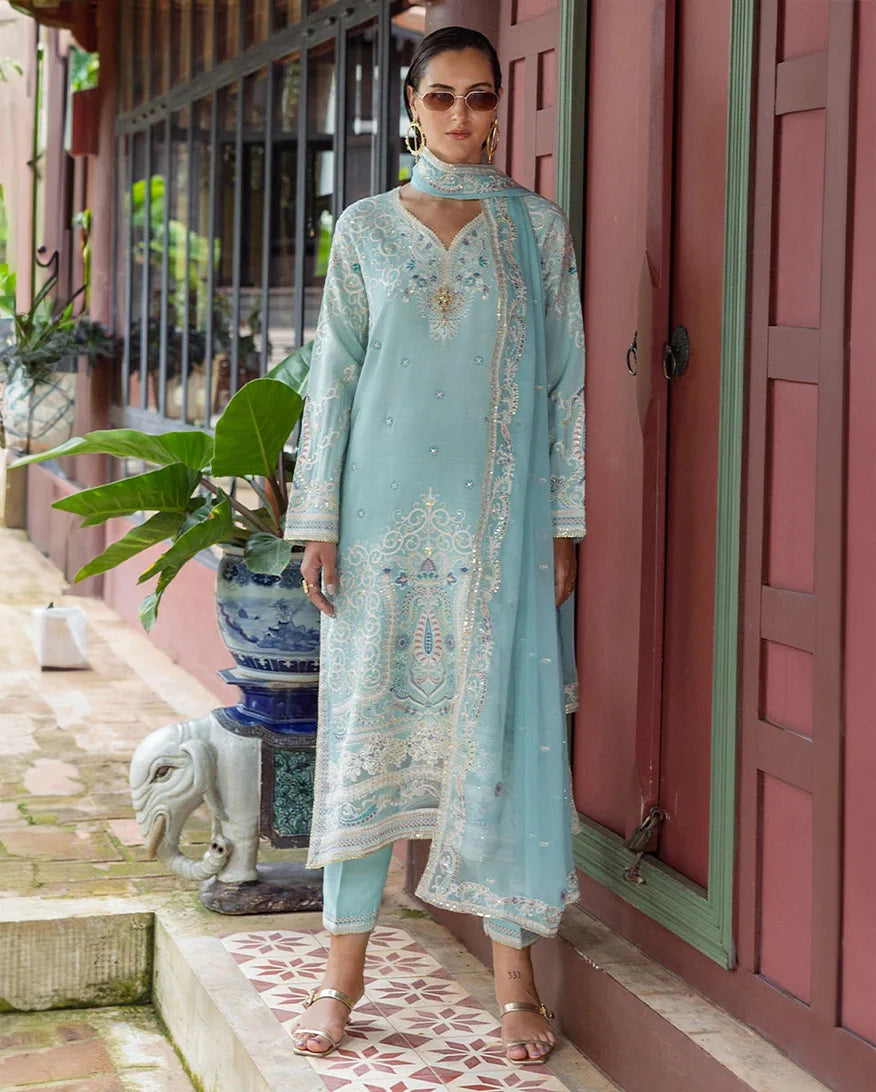 Women Wearing Freyelle Light Blue Long Shirt for Festive Events - Pakistani Designer Wear for Women in UK | Kifat