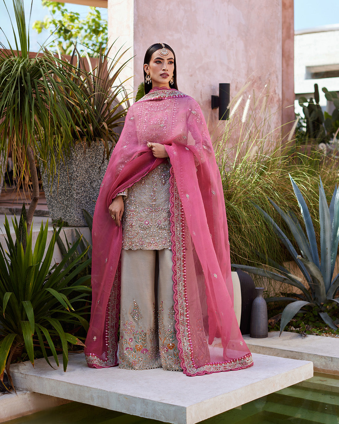 Model Wearing Faiza Saqlain Rosaline Pink & Grey Shirt with Flared Pants for wedding wear - Pakistani Designer Wear for Women in UK | Kifat
