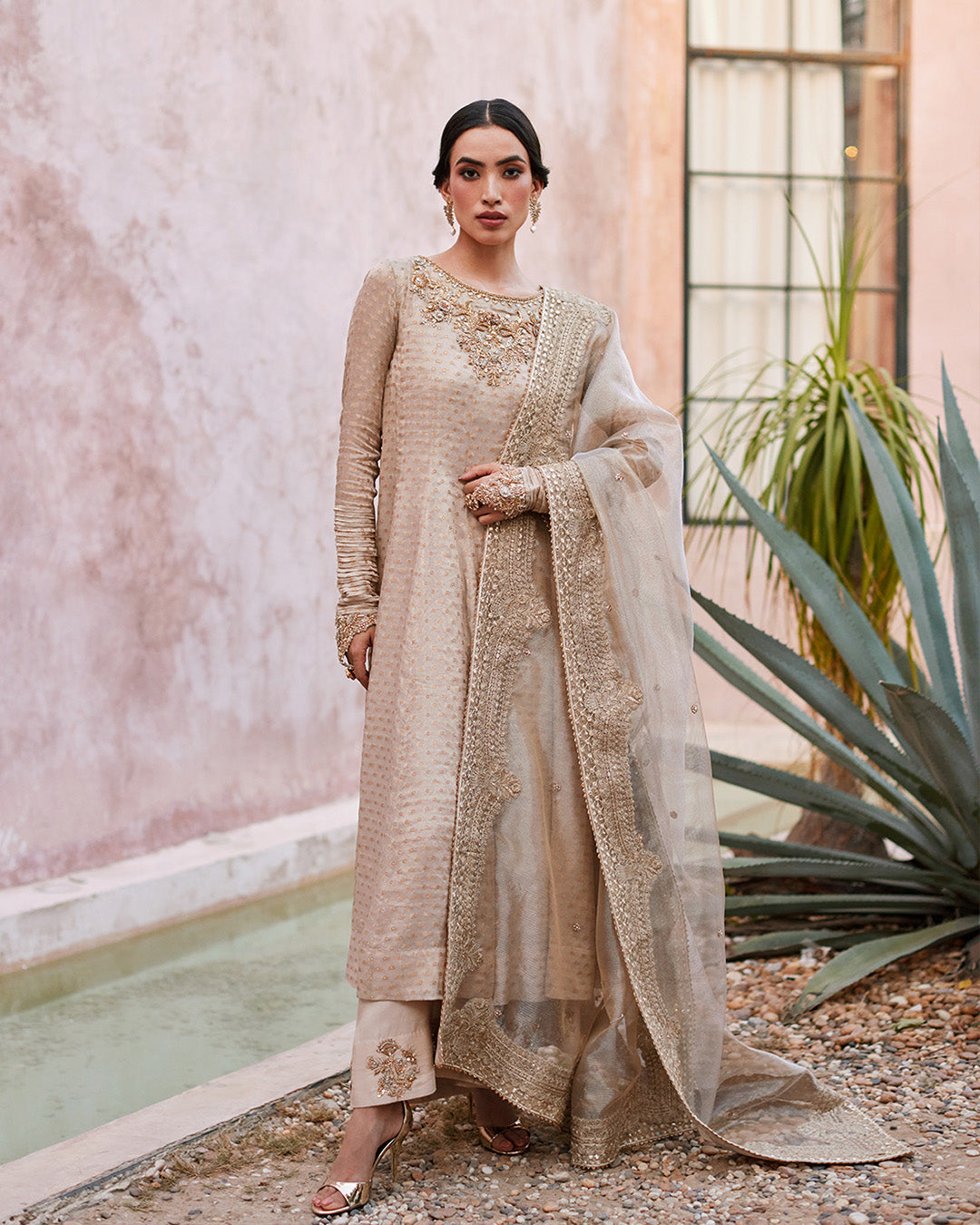 Model Wearing Faiza Saqlain Moira Ivory Gold Shirt with Culottes for wedding wear - Pakistani Designer Wear for Women in UK | Kifat