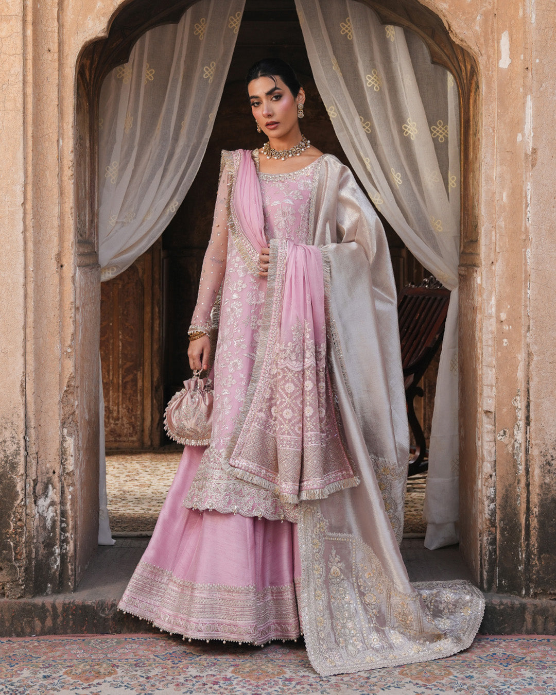 Model Wearing Faiza Saqlain Vemita Candy Floss Shirt with Sharara for wedding wear - Pakistani Designer Wear for Women in UK | Kifat