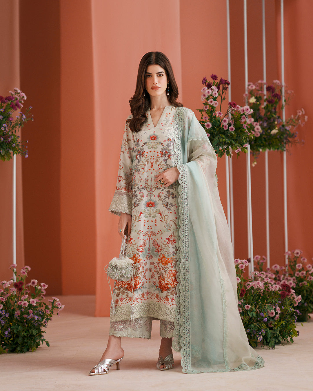 Women Wearing Tayma Ice Blue Shirt with Pants for Luxury Events - Pakistani Designer Wear for Women in UK | Kifat