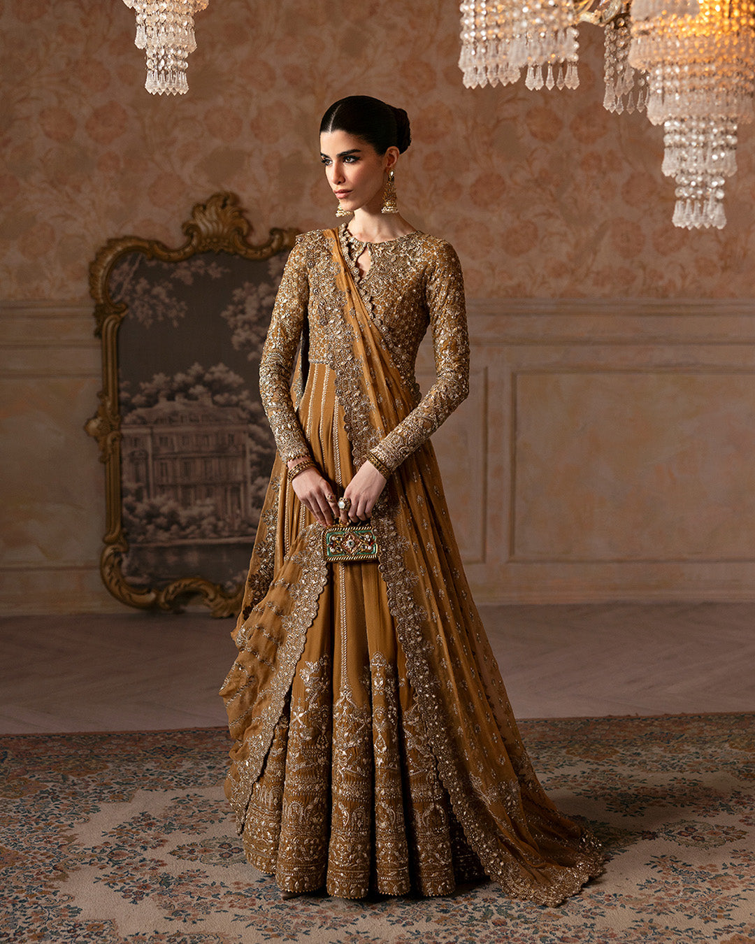 Model Wearing Faiza Saqlain Ermina Mustard Pishwas with Churidaar for wedding wear - Pakistani Designer Wear for Women in UK | Kifat