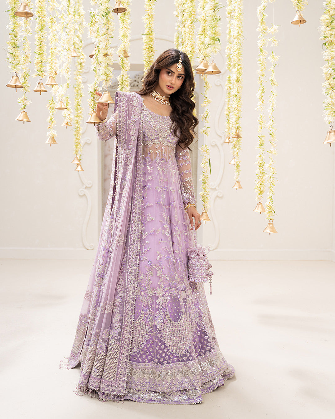 Model Wearing Faiza Saqlain Pinar Lilac Jacket Shirt with Lehnga for wedding wear - Pakistani Designer Wear for Women in UK | Kifat