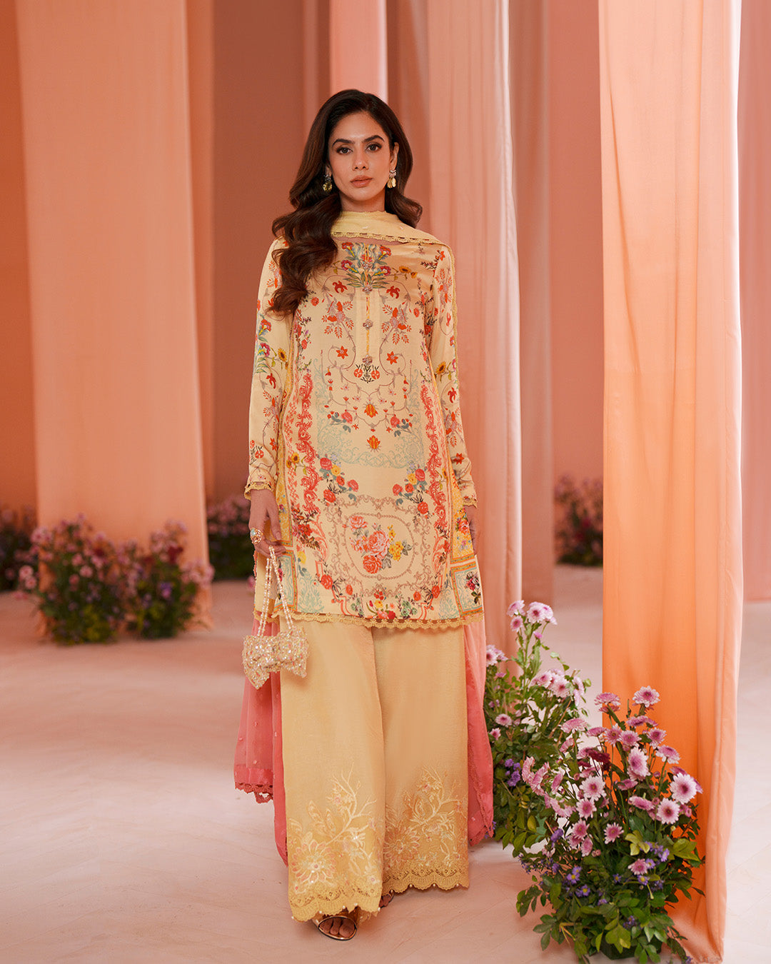 Women Wearing Resal Yellow Shirt with Flared Pants for Luxury Events - Pakistani Designer Wear for Women in UK | Kifat