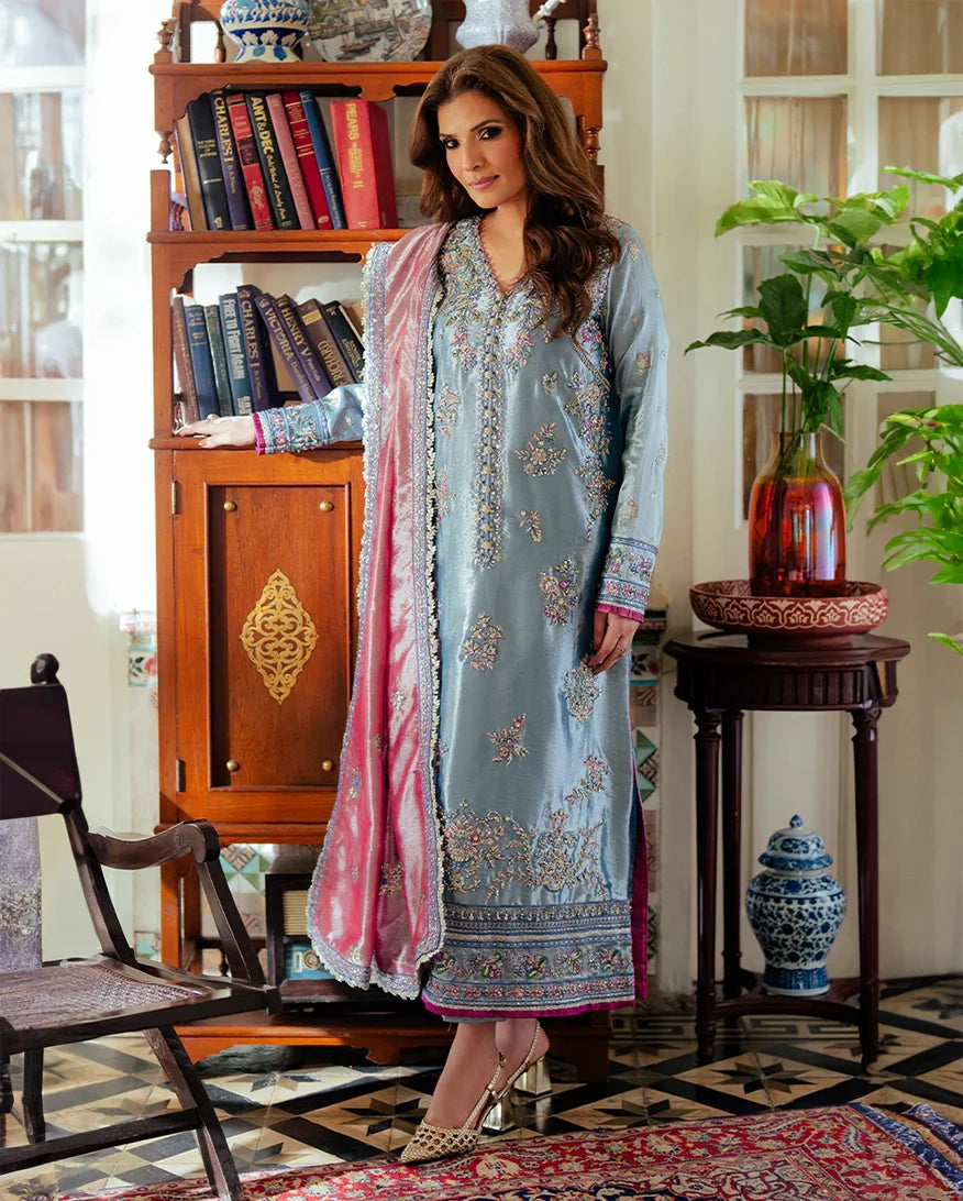 Women Wearing Neelam Blue Long Shirt for Formal Events - Pakistani Designer Wear for Women in UK | Kifat