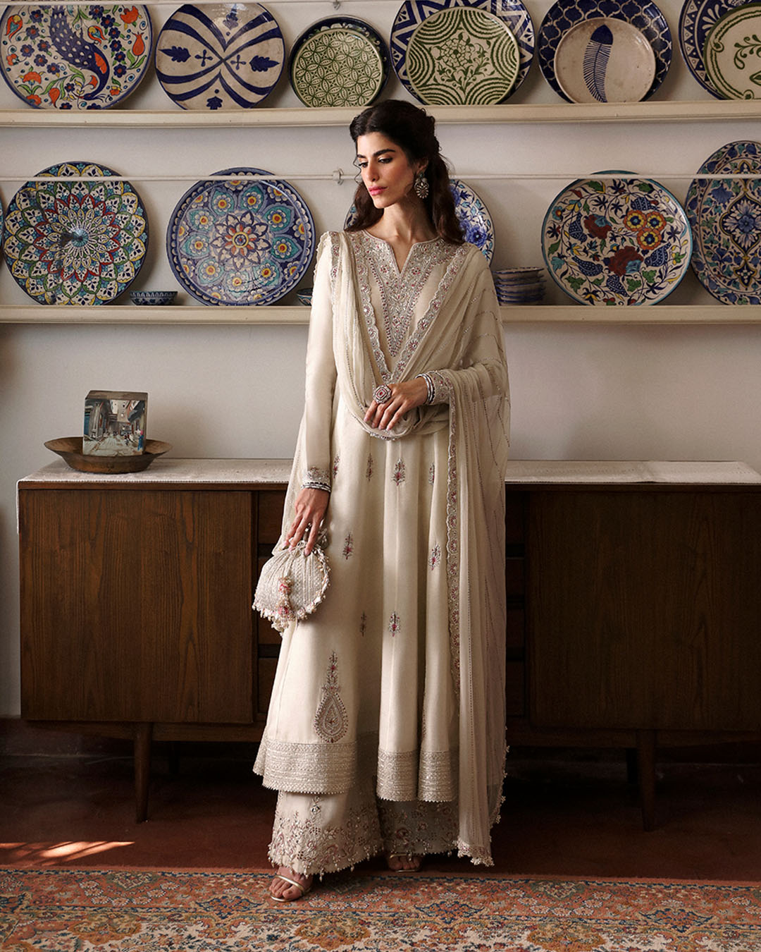 Model Wearing Faiza Saqlain Sabina Ivory Shirt with Culottes for formal events wear - Pakistani Designer Wear for Women in UK | Kifat