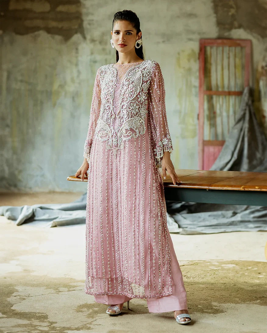 Women Wearing Lys Powder Pink Long Shirt for Wedding Events - Pakistani Designer Wear for Women in UK | Kifat