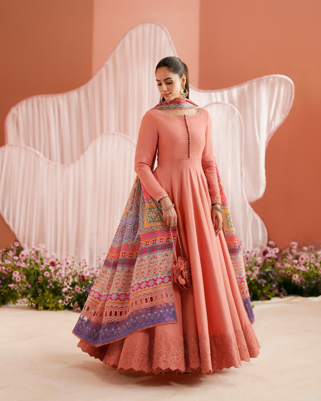 Women Wearing Muzn Coral Pishwas for Luxury Events - Pakistani Designer Wear for Women in UK | Kifat