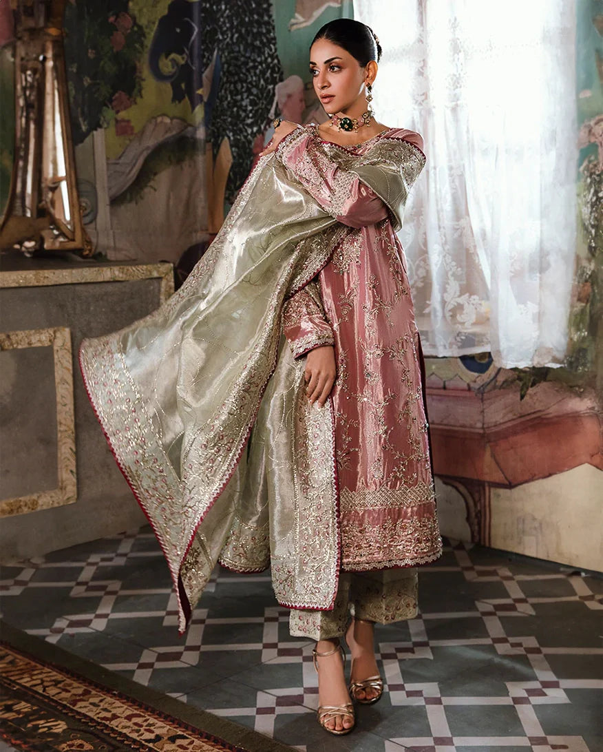 Women Wearing Lamia Pink Silver Long Shirt for Formal Events - Pakistani Designer Wear for Women in UK | Kifat