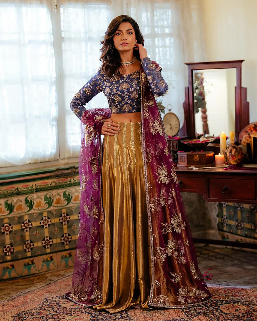 Women Wearing Meena Blue Lehnga Choli for Formal Events - Pakistani Designer Wear for Women in UK | Kifat