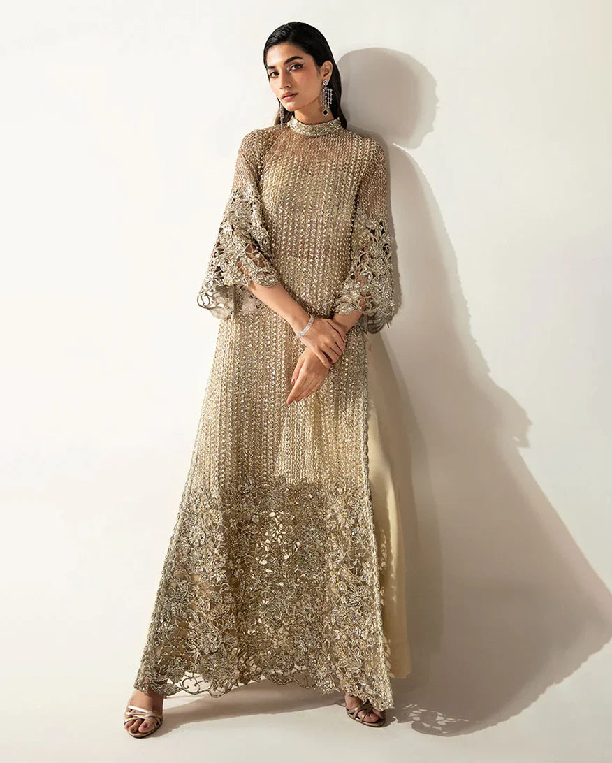 Women Wearing Eve Pale Gold Long Shirt for Festive Events - Pakistani Designer Wear for Women in UK | Kifat