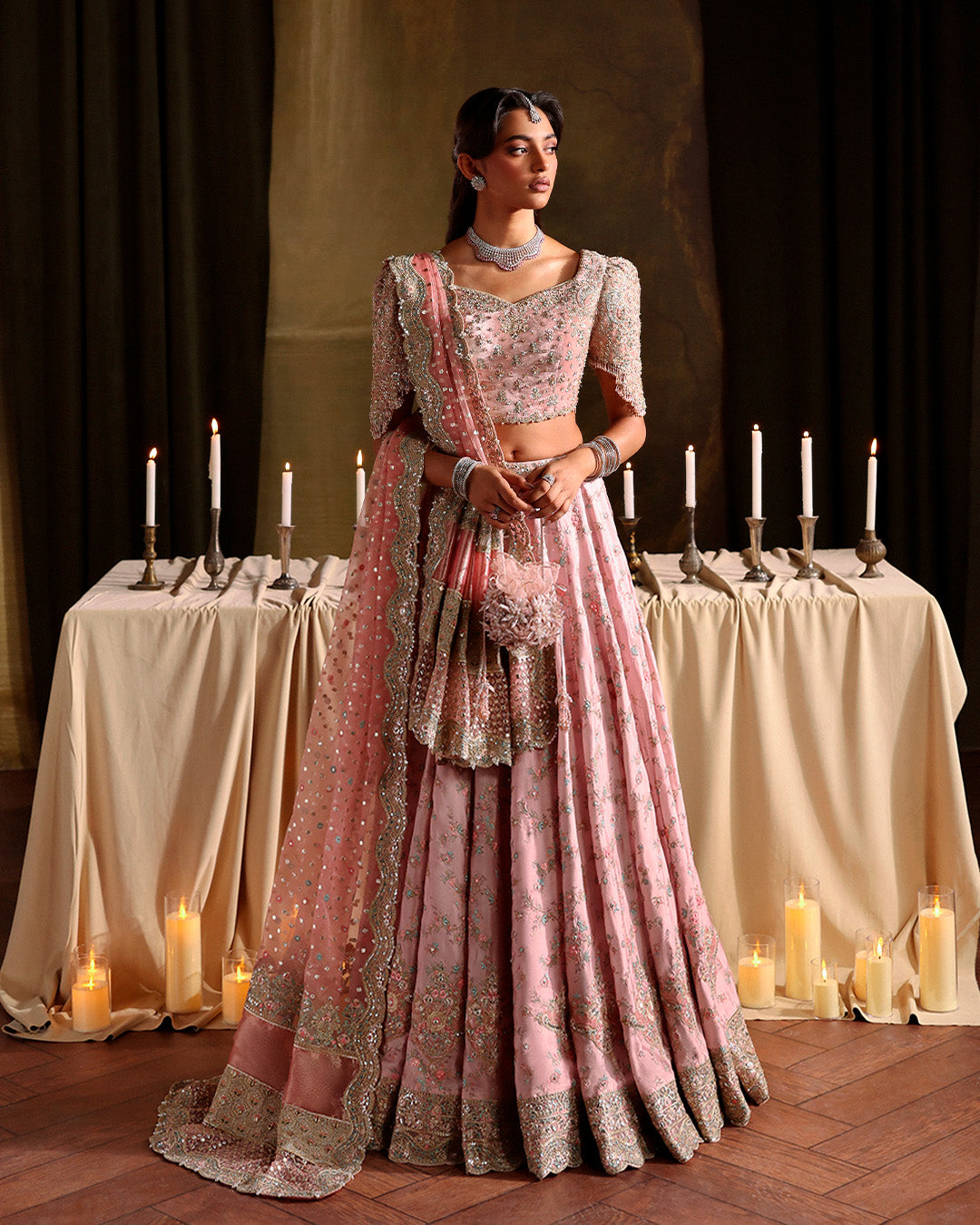 Model Wearing Faiza Saqlain Vanna Dusty Pink Shirt with Lehnga for wedding wear - Pakistani Designer Wear for Women in UK | Kifat