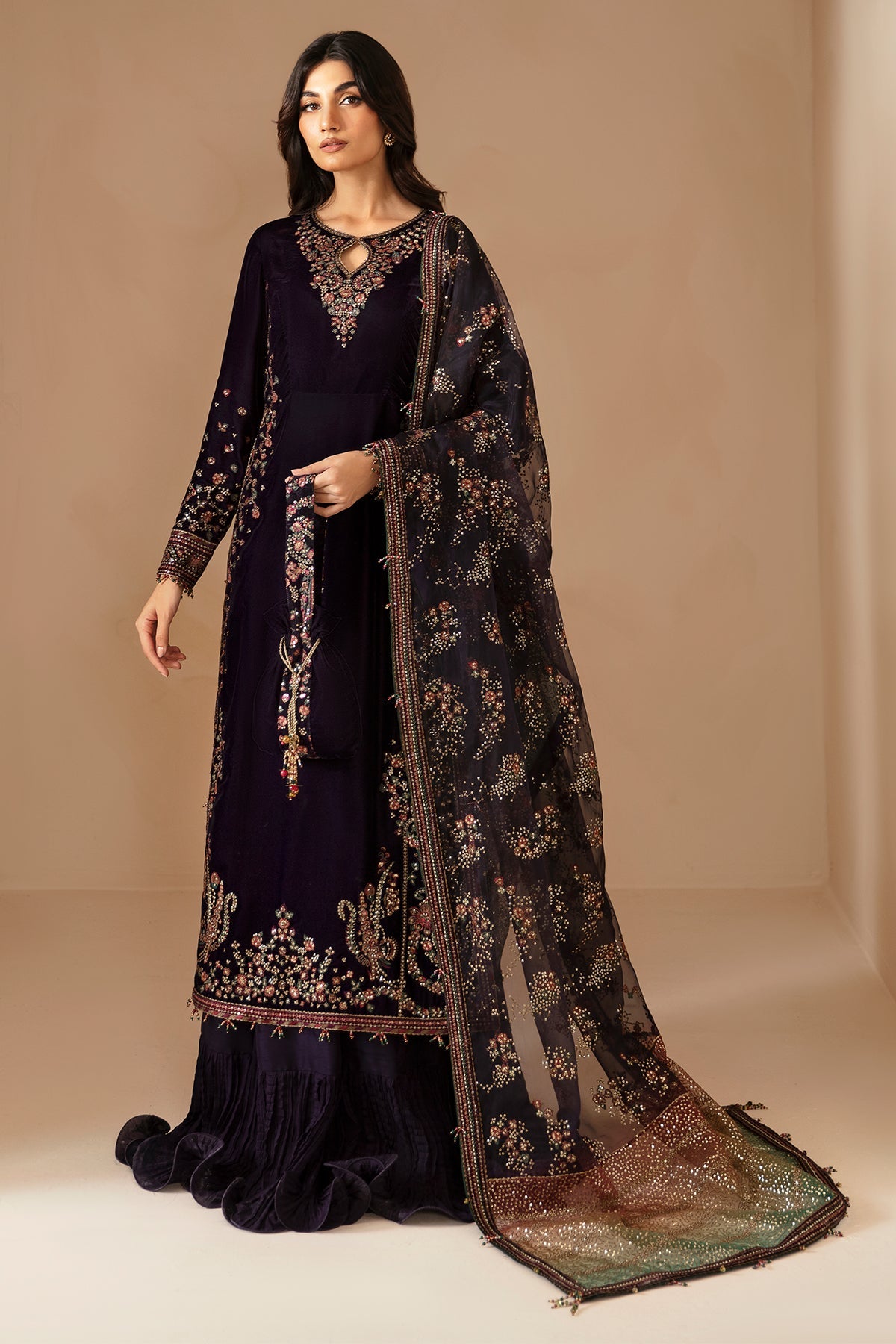 Women Wearing Embroidered Velvet Formal VF-2027 Purple Long Shirt with Sharara for Wedding Events - Pakistani Designer Wear for Women in UK | Kifat