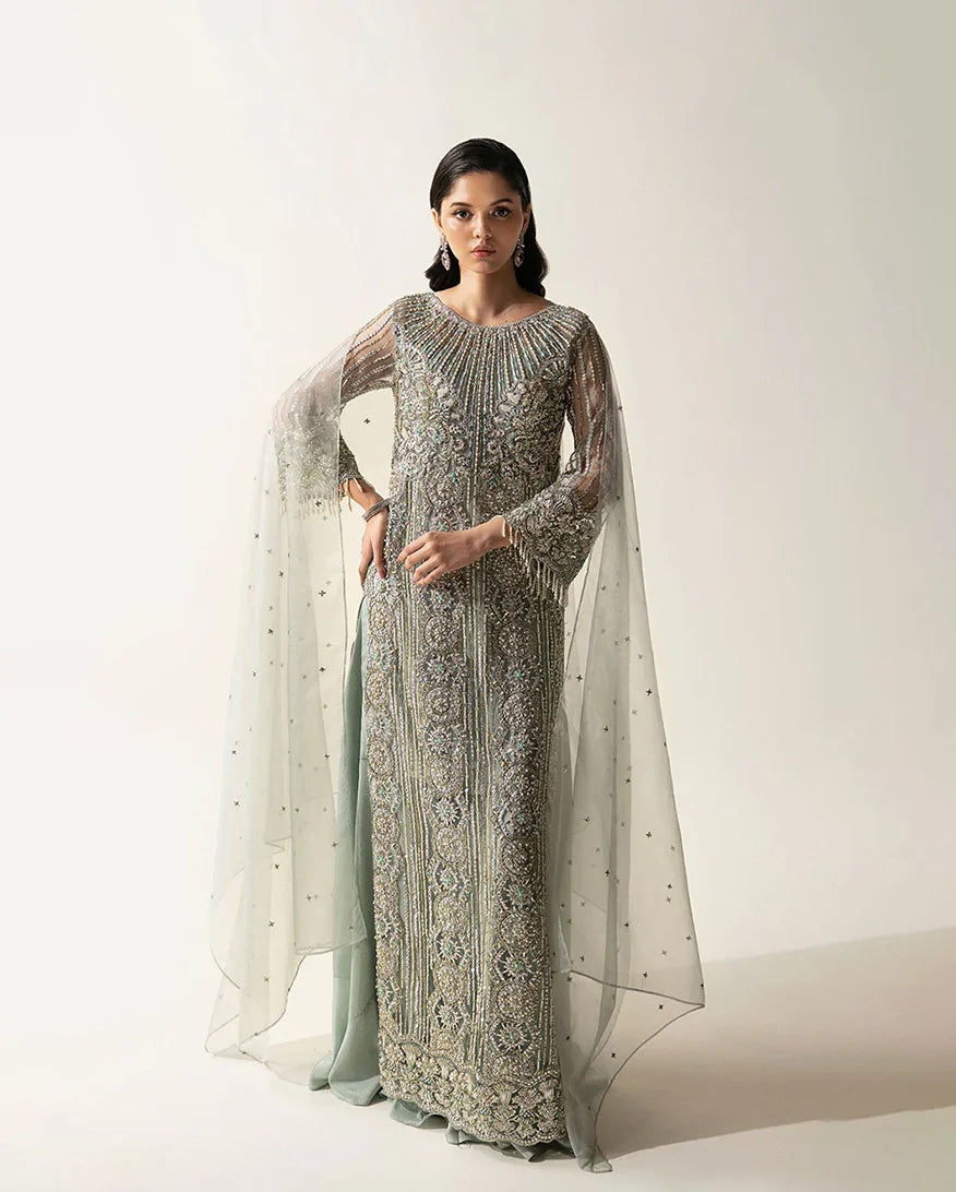 Women Wearing Meline Mint Green Long Shirt for Festive Events - Pakistani Designer Wear for Women in UK | Kifat
