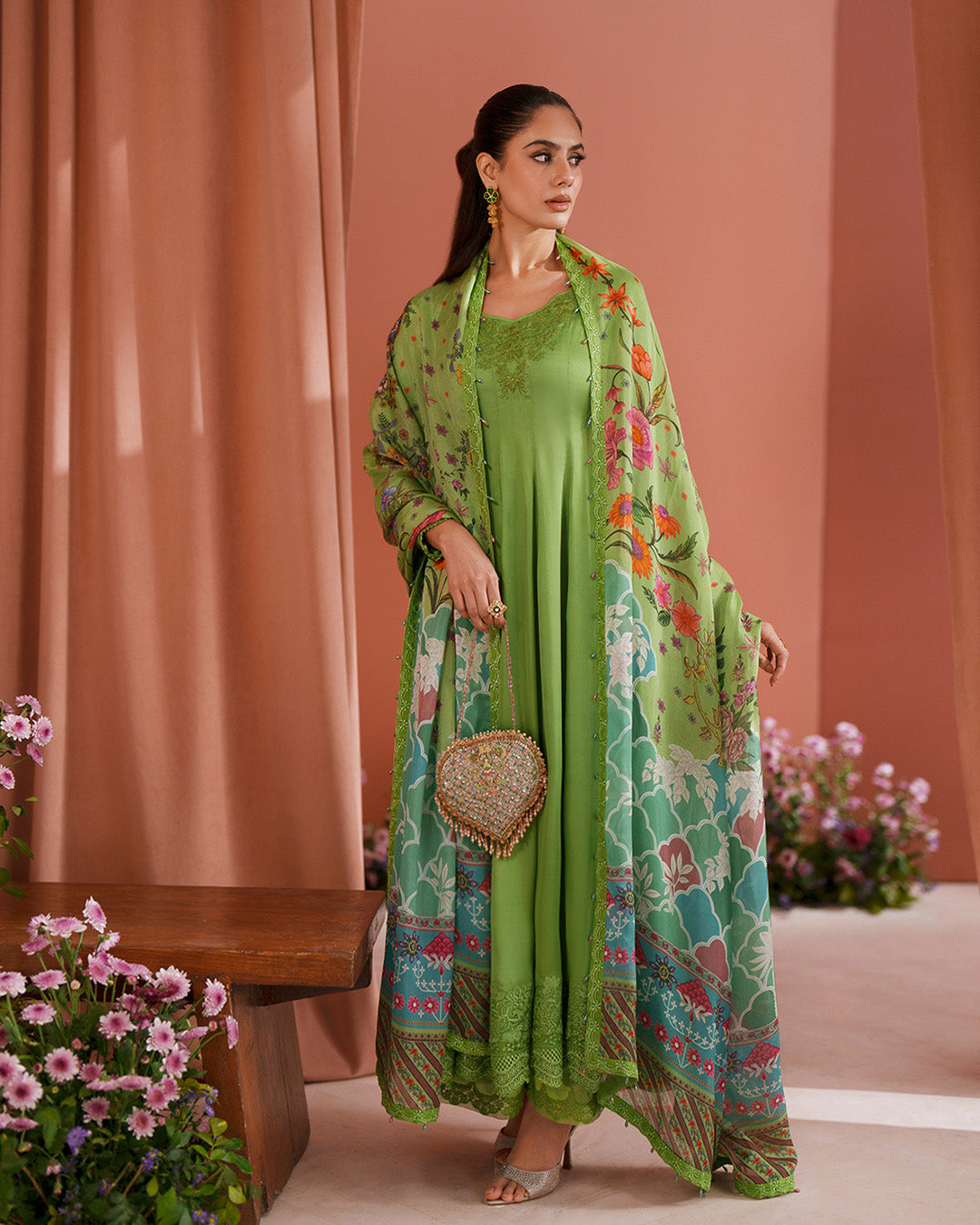 Women Wearing Gomana Pear Green Shirt with Culottes for Luxury Events - Pakistani Designer Wear for Women in UK | Kifat