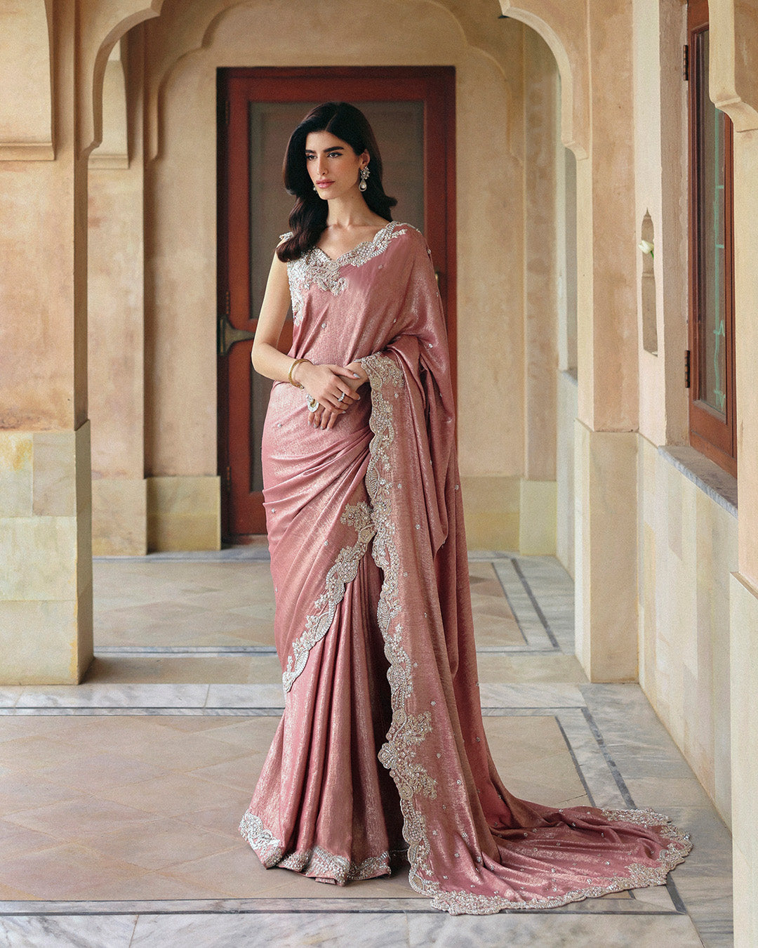 Model Wearing Faiza Saqlain Jahari Dusty Pink Saree for wedding wear - Pakistani Designer Wear for Women in UK | Kifat