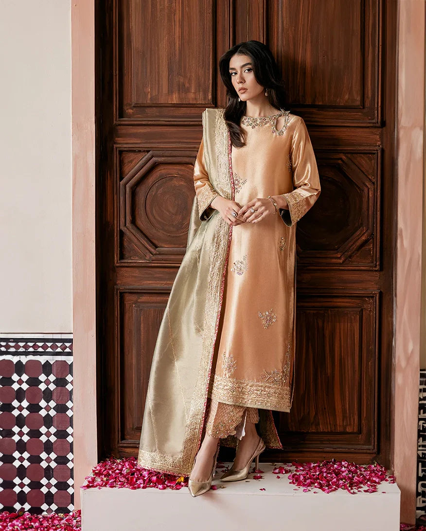 Women Wearing Parisa Peach Gold Long Shirt for Formal Events - Pakistani Designer Wear for Women in UK | Kifat