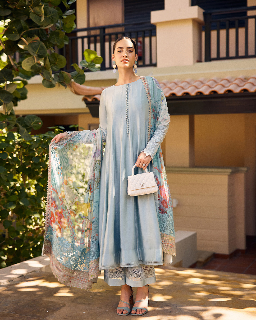 Model Wearing Faiza Saqlain Leia Pastel Blue Kalidaar with Culottes for Ladies wear - Pakistani Designer Wear for Women in UK | Kifat