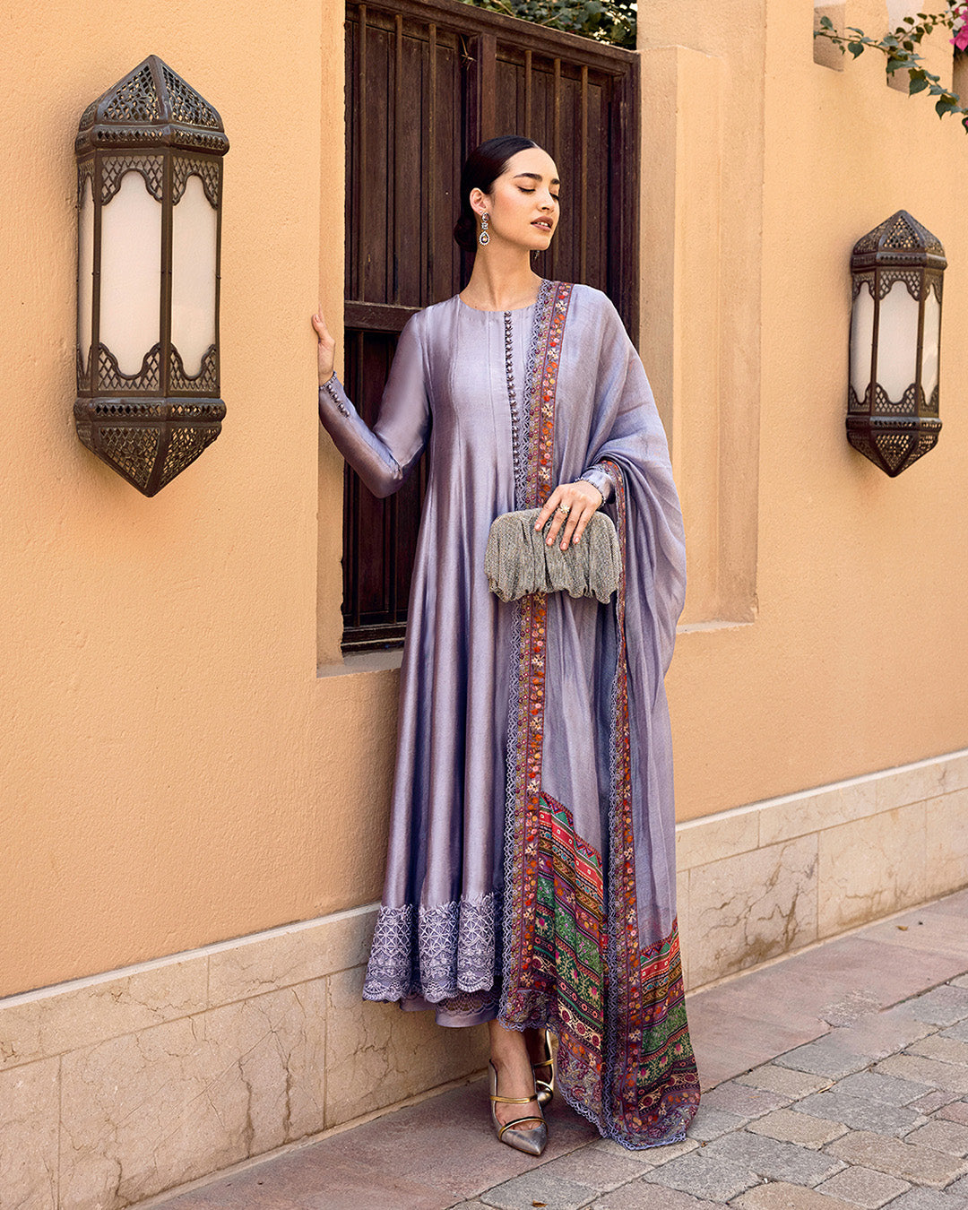 Model Wearing Faiza Saqlain Mersera Mauve Grey Kalidaar with Culottes for Ladies wear - Pakistani Designer Wear for Women in UK | Kifat