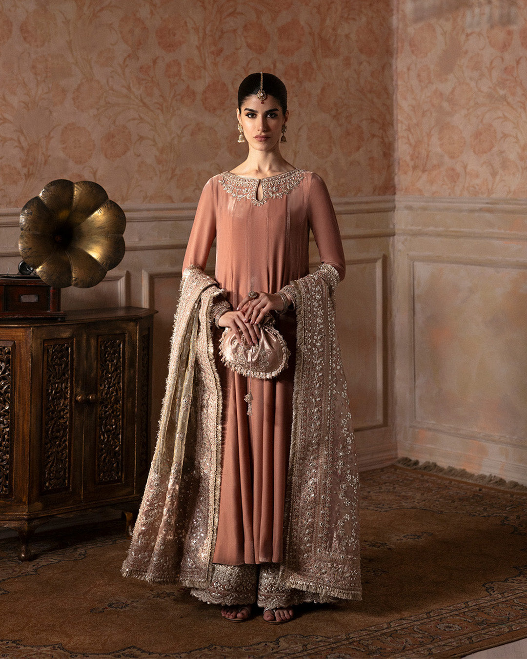 Model Wearing Faiza Saqlain Averna Tea Pink Kalidaar with Culottes for wedding wear - Pakistani Designer Wear for Women in UK | Kifat