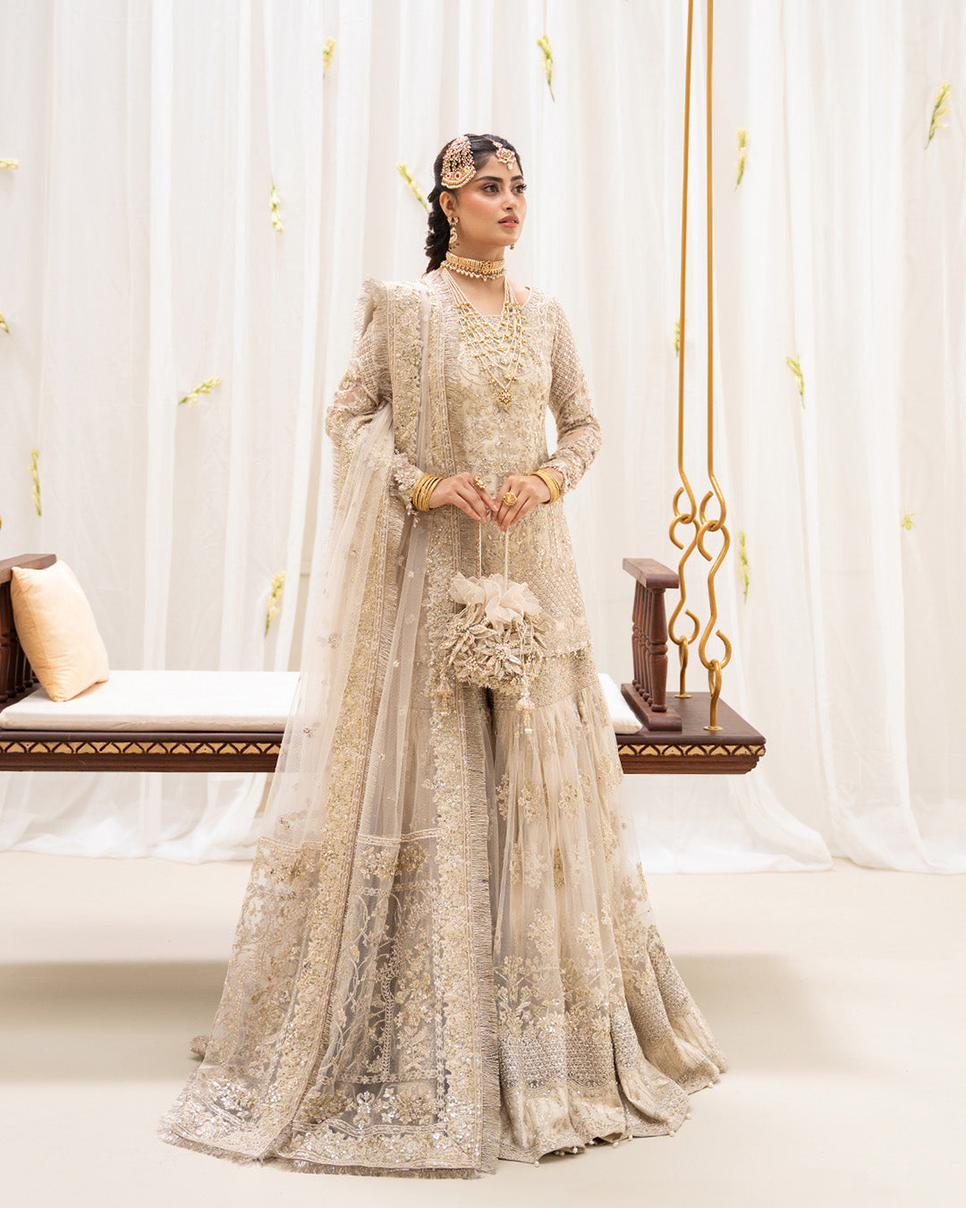 Model Wearing Faiza Saqlain Safak Ivory Shirt with Gharara for wedding wear - Pakistani Designer Wear for Women in UK | Kifat