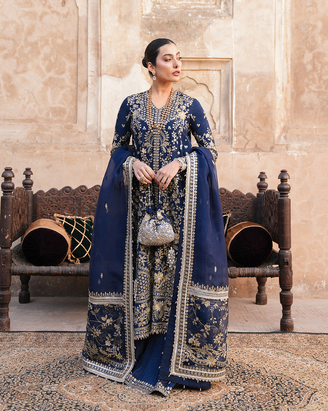 Model Wearing Faiza Saqlain Ayska Navy Blue Shirt with Sharara for formal events wear - Pakistani Designer Wear for Women in UK | Kifat