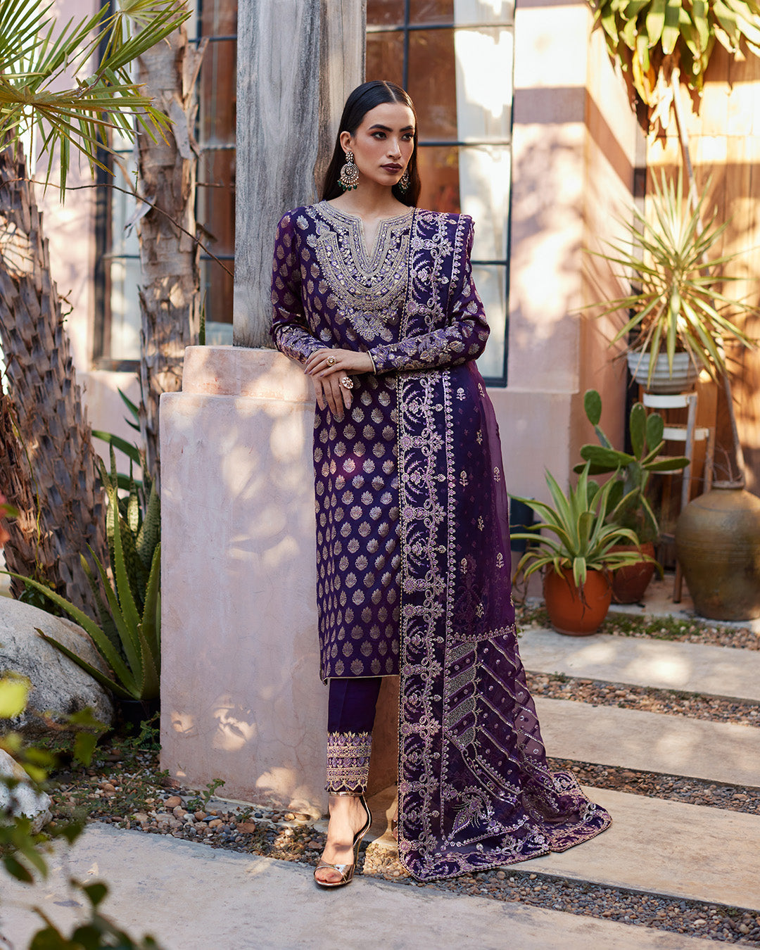 Model Wearing Faiza Saqlain Clara Plum Shirt Trouser for formal events wear - Pakistani Designer Wear for Women in UK | Kifat