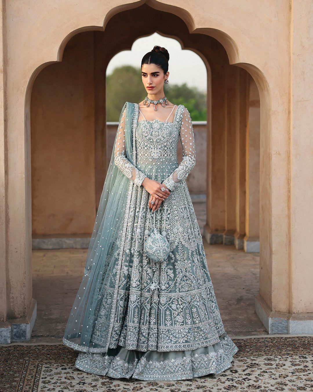 Model Wearing Faiza Saqlain Dorien Mint Blue Pishwas with Lehnga for wedding wear - Pakistani Designer Wear for Women in UK | Kifat