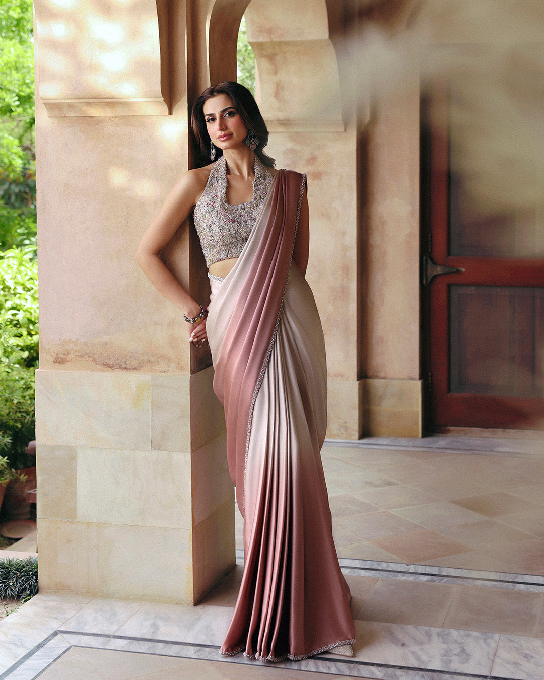 Model Wearing Faiza Saqlain Zoia Ombre Pink Saree for wedding wear - Pakistani Designer Wear for Women in UK | Kifat
