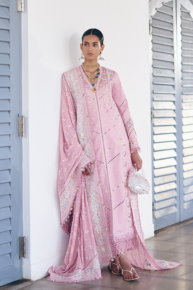 Model Wearing Suffuse by Sana Yasir SAFAR Lilac Pink front-open shirt with culottes for Casual Dress- Pakistani Designer wear for Women in UK | Kifat