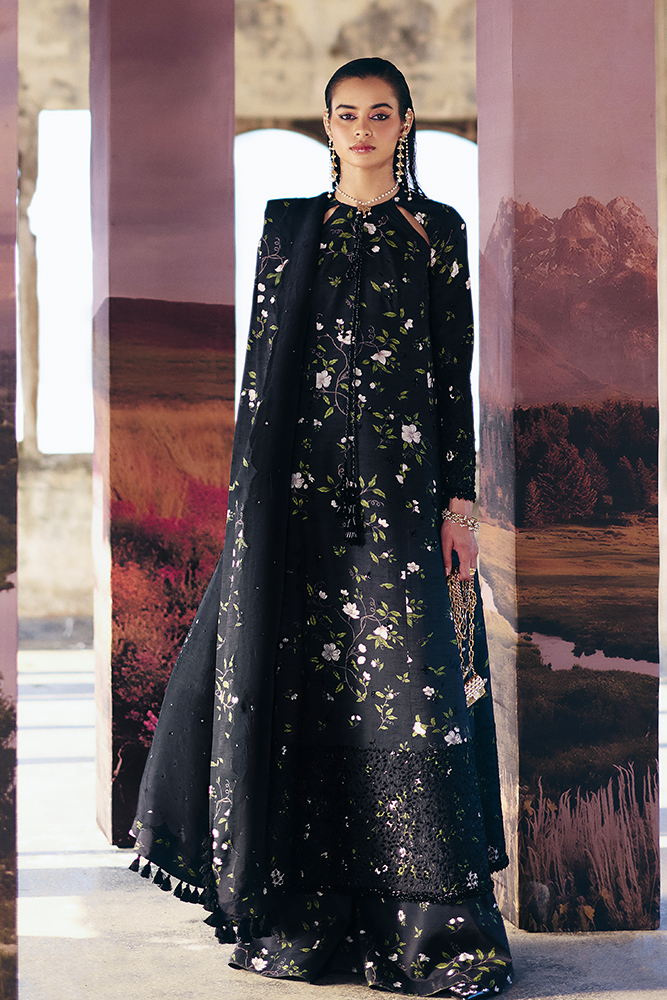 Model Wearing Suffuse by Sana Yasir ZEYARA Raven Black A-line printed shirt with azaar pants for Formal Events- Pakistani Designer wear for Women in UK | Kifat