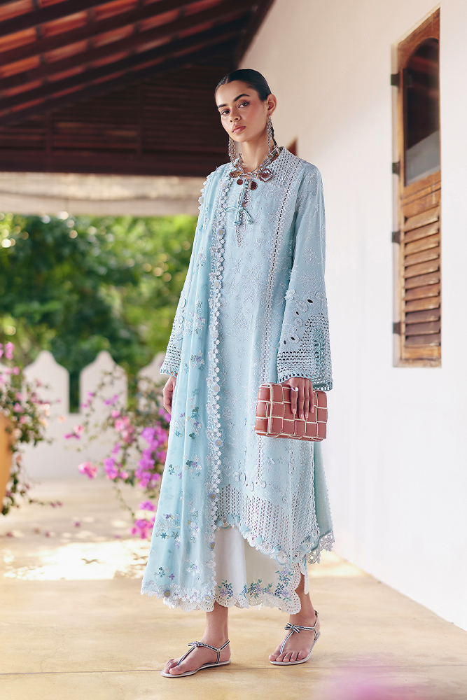 Model Wearing Suffuse by Sana Yasir ZARINA Aqua collared shirt with culottes for Casual Dress- Pakistani Designer wear for Women in UK | Kifat