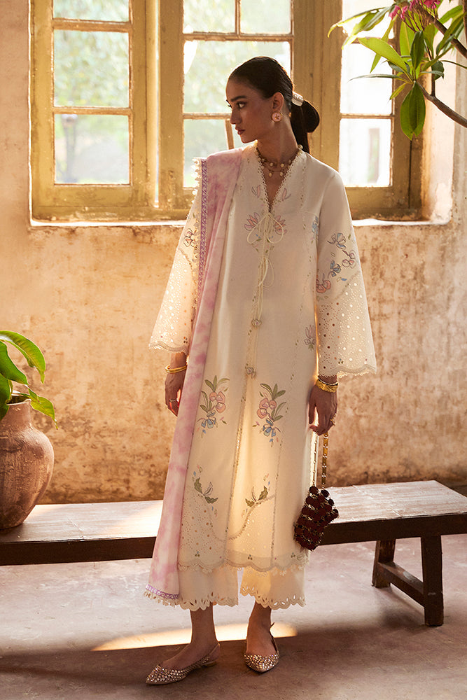 Model Wearing Suffuse by Sana Yasir ZEYRA Off-white front-open shirt with culottes for Casual Dress- Pakistani Designer wear for Women in UK | Kifat