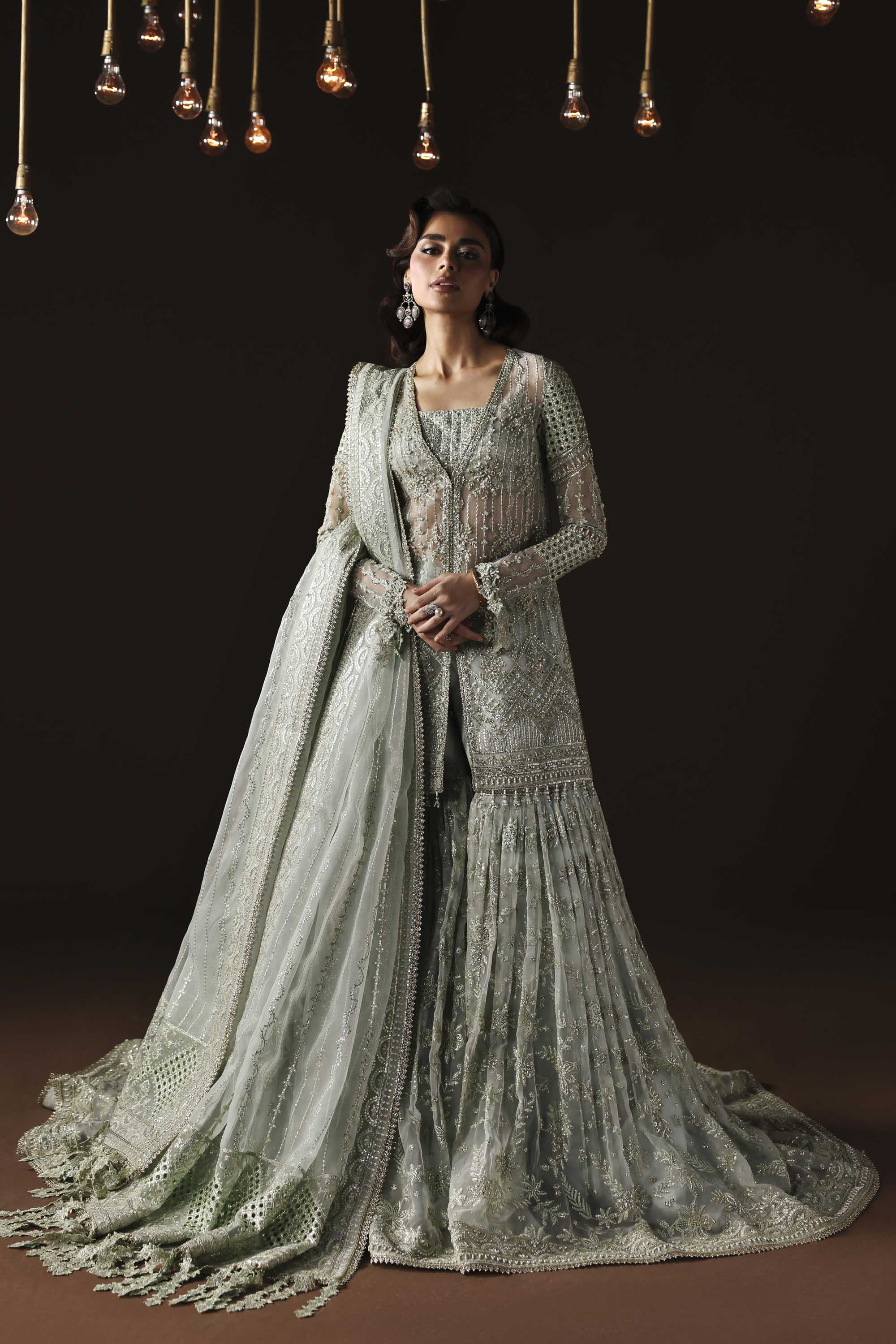 Women Wearing Muse Grey Mint Shirt With Gharara For Luxury Formals Events - Pakistani Designer Wear For Women In UK | Kifat