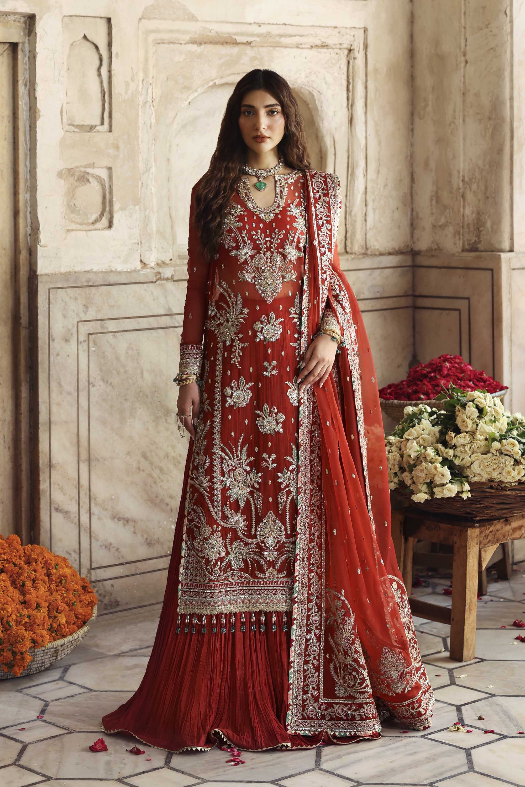 Women Wearing Zarbaft Orange Red Long Shirt With Sharara For Formals Events - Pakistani Designer Wear For Women In UK | Kifat