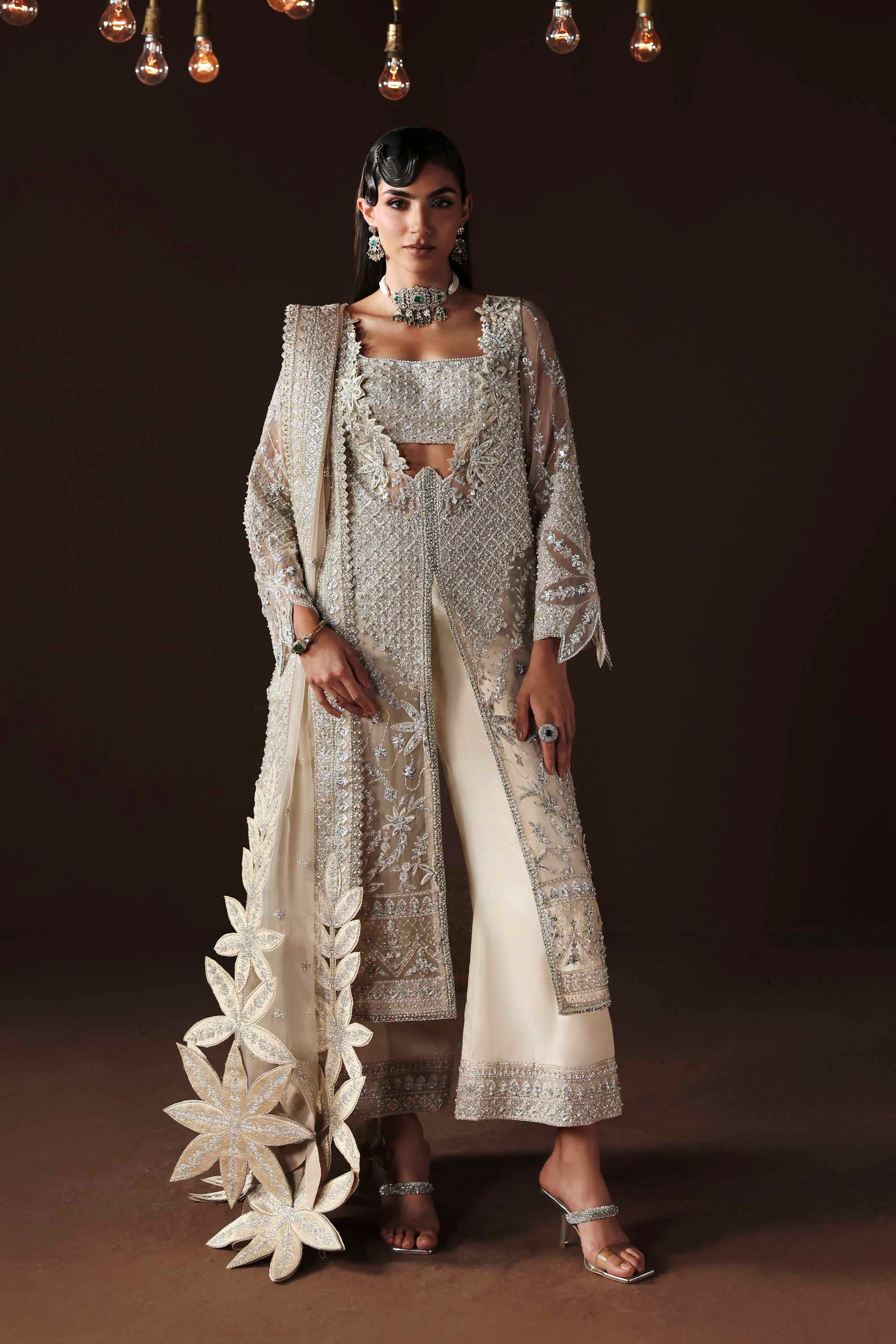 Women Wearing Hazel Silver Front Open Shirt For Luxury Formals Events - Pakistani Designer Wear For Women In UK | Kifat