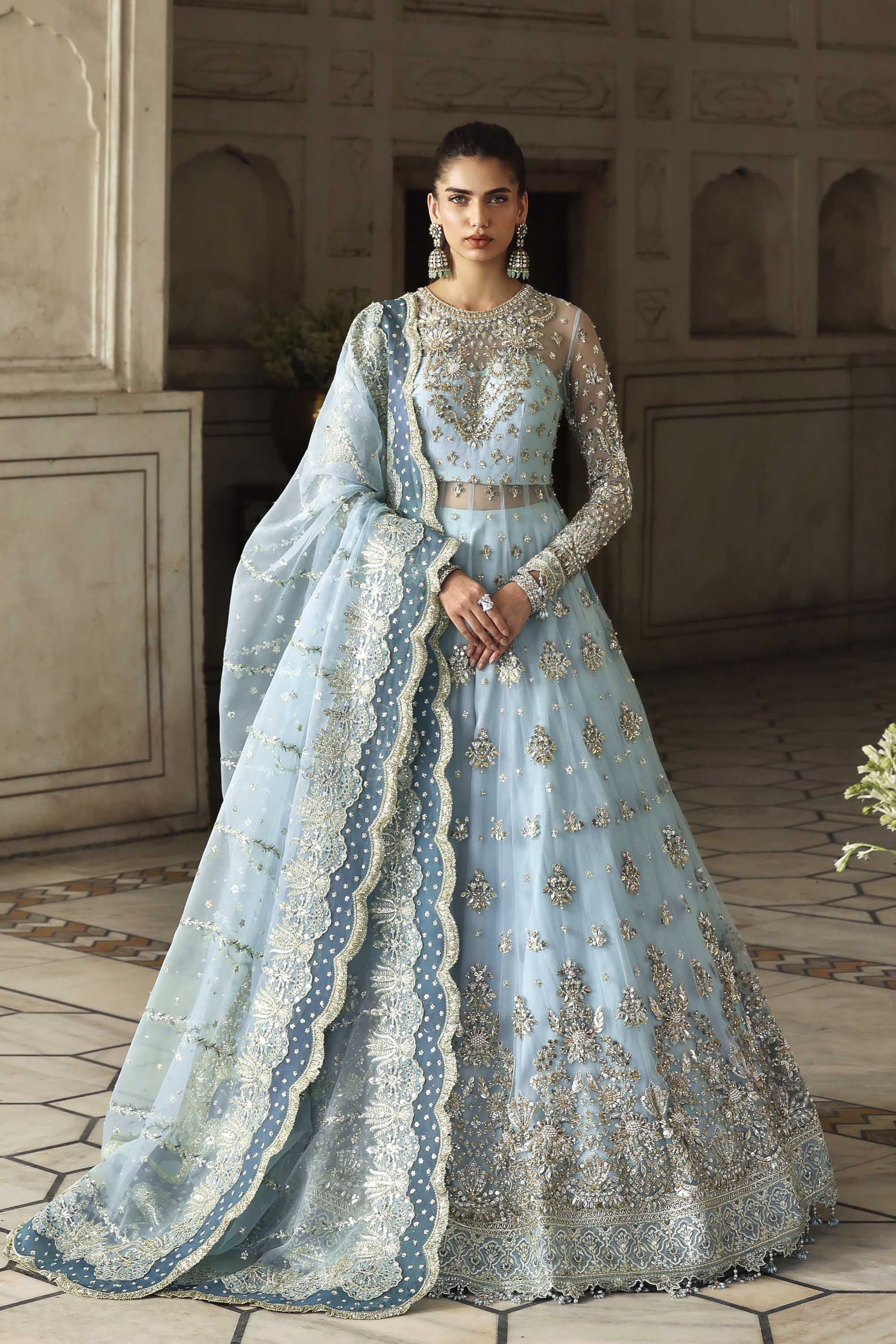 Women Wearing Rumul Ice Blue Peshwas For Formals Events - Pakistani Designer Wear For Women In UK | Kifat