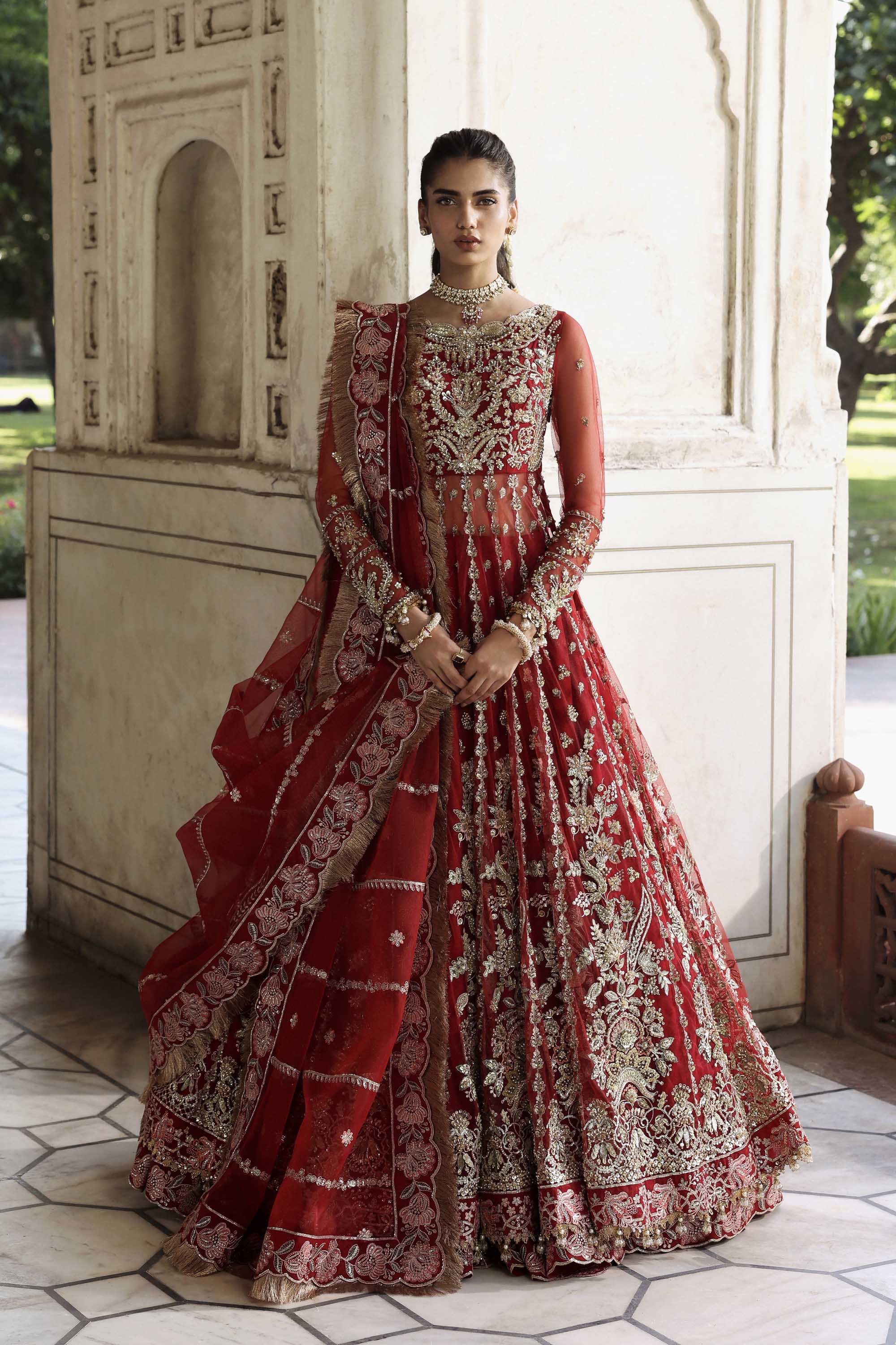 Women Wearing Sarmast Red Peshwas For Formals Events - Pakistani Designer Wear For Women In UK | Kifat