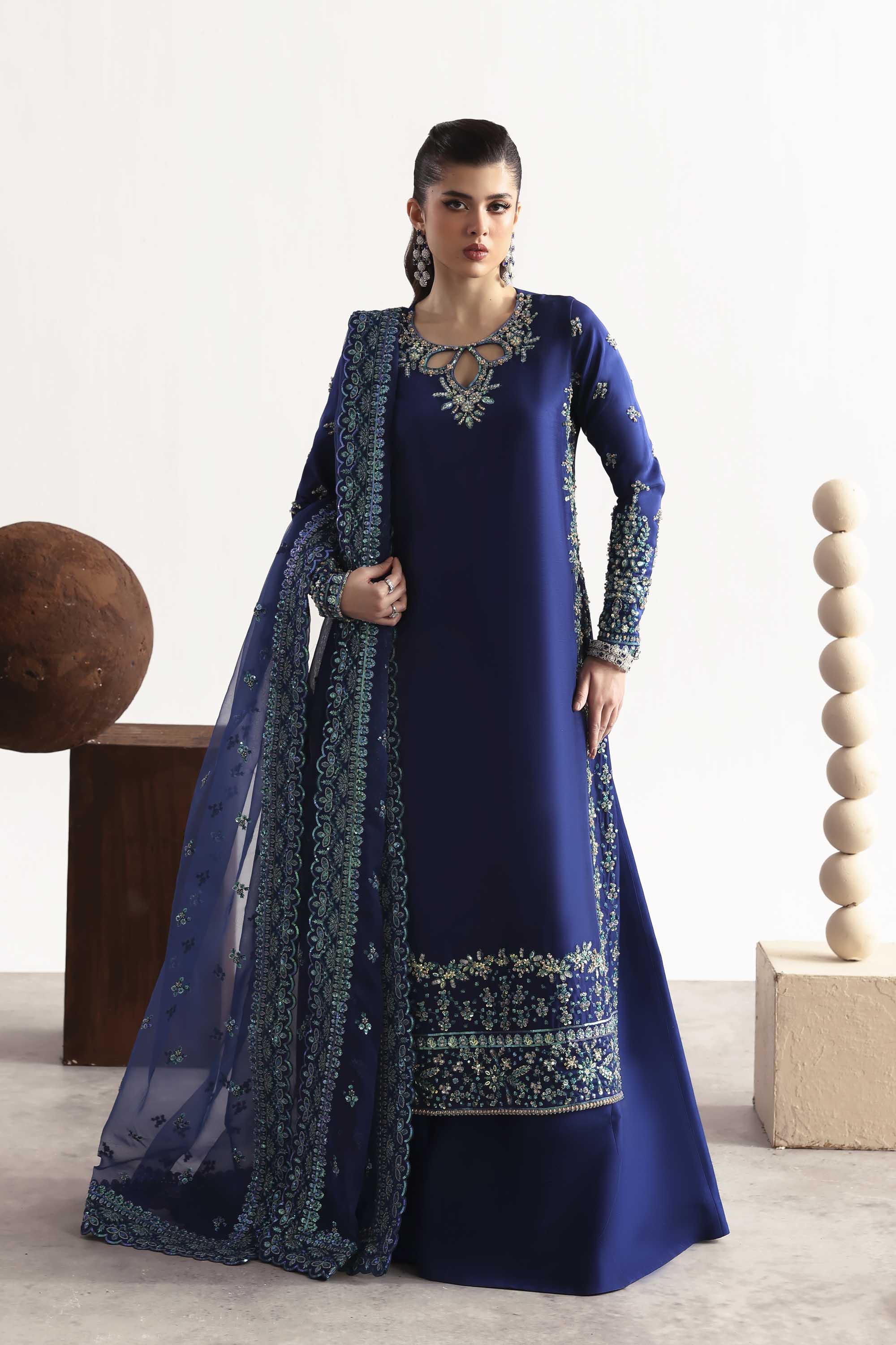 Women Wearing Sapphire Blue Long Shirt For Luxury Formals Events - Pakistani Designer Wear For Women In UK | Kifat