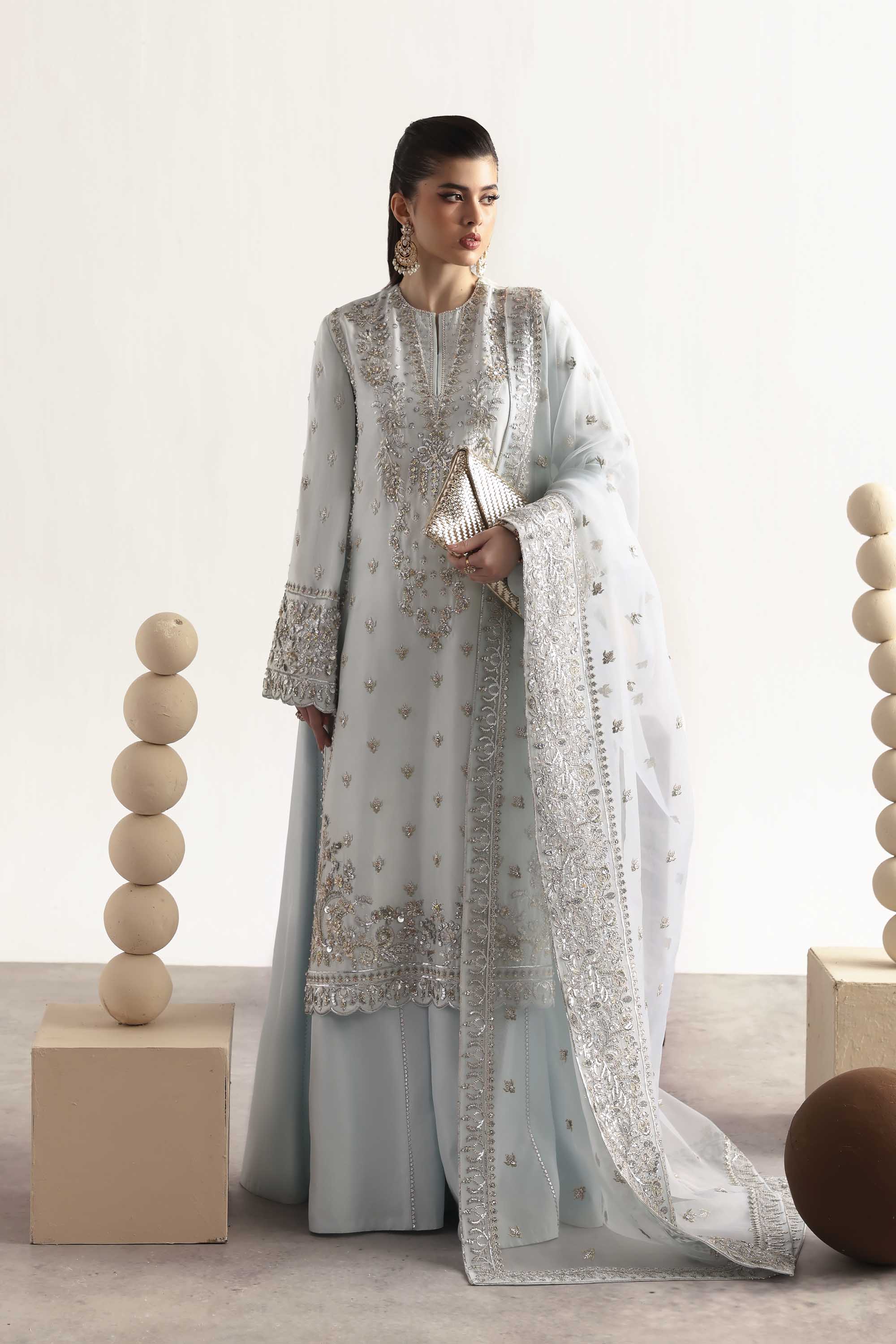 Women Wearing Fawn Ice Blue Long Shirt For Luxury Formals Events - Pakistani Designer Wear For Women In UK | Kifat