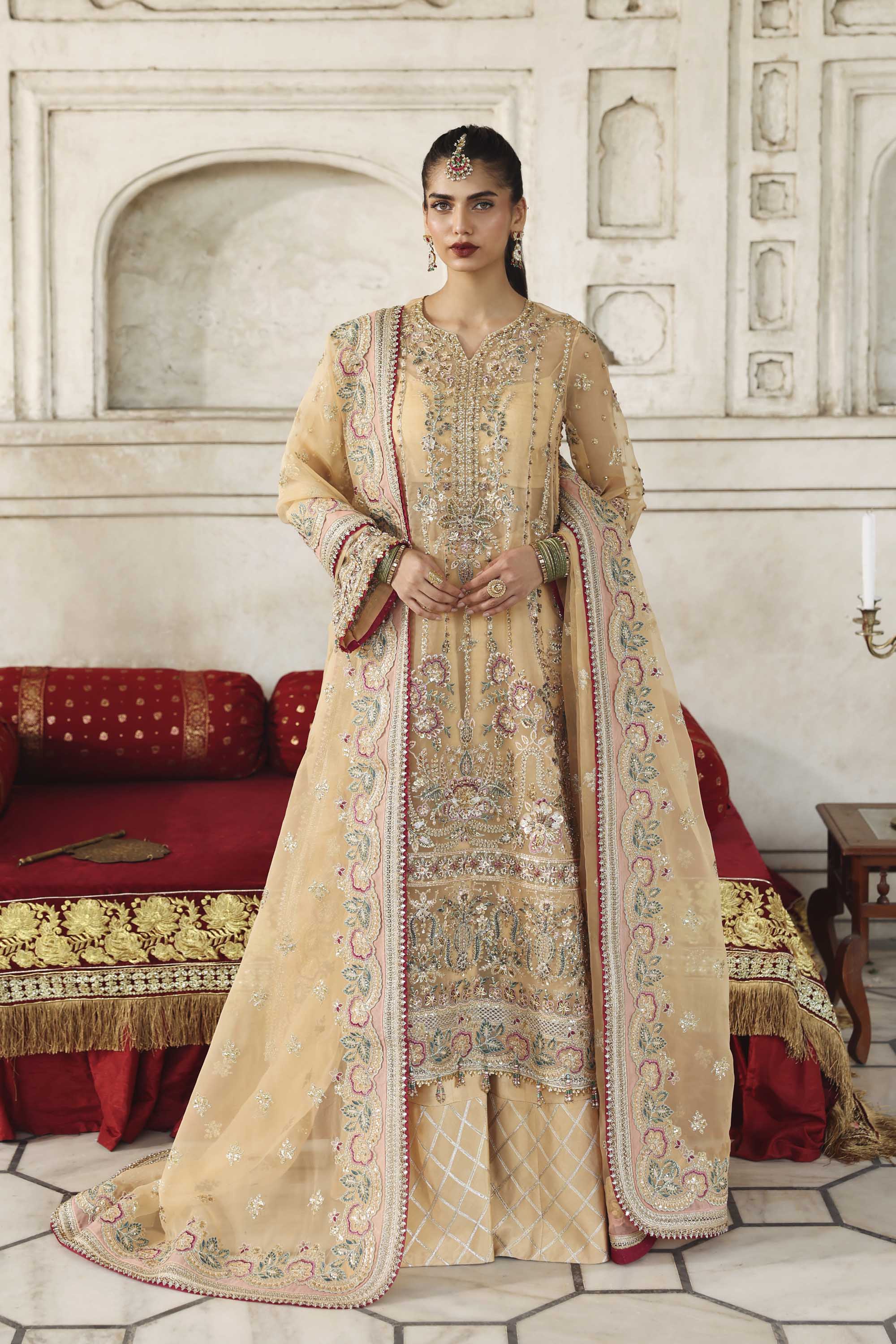 Women Wearing Mishil Beige Long Shirt For Formals Events - Pakistani Designer Wear For Women In UK | Kifat