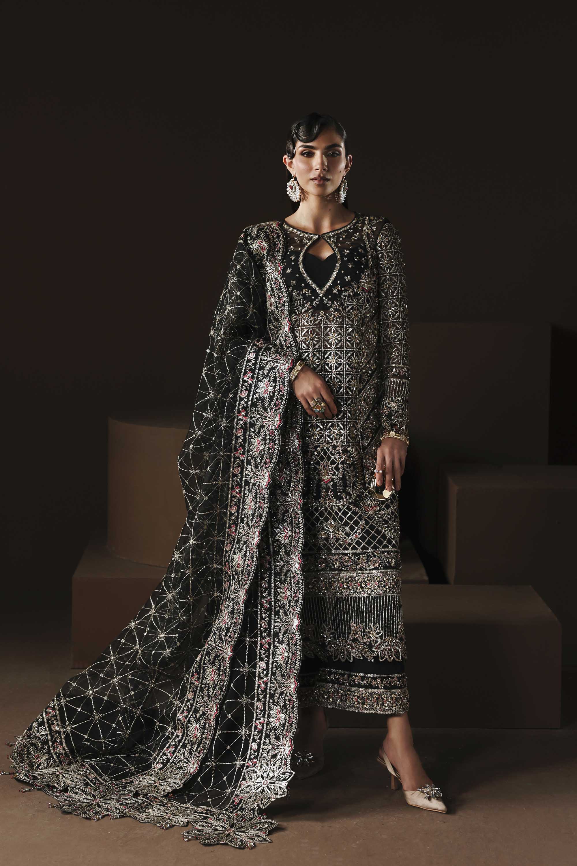 Women Wearing Noir Black Long Shirt For Luxury Formals Events - Pakistani Designer Wear For Women In UK | Kifat